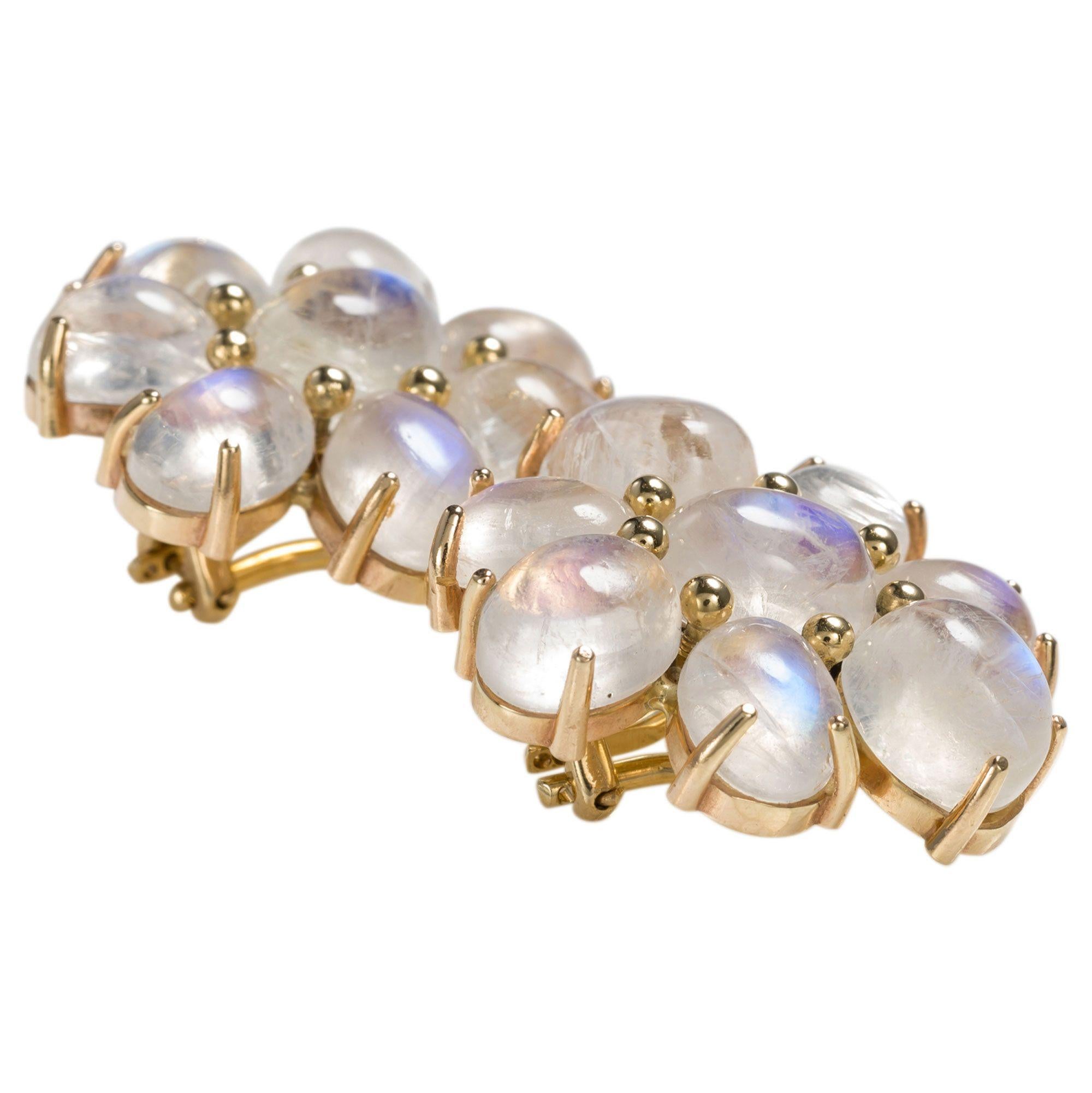 14 Karat Yellow Gold Cabochon Cut Moonstone Flower Cluster Ear Clips In Good Condition In QLD , AU