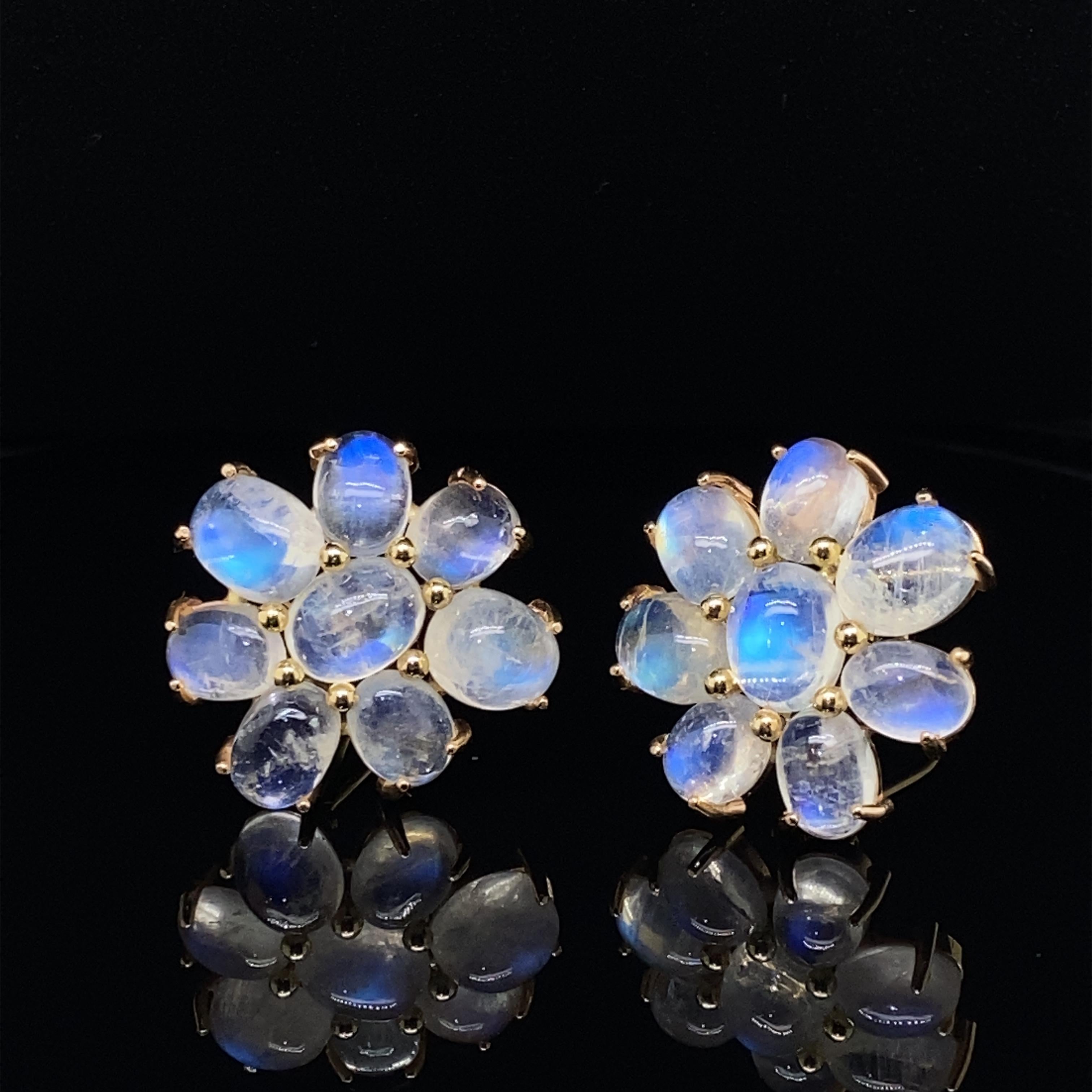 Women's 14 Karat Yellow Gold Cabochon Cut Moonstone Flower Cluster Ear Clips