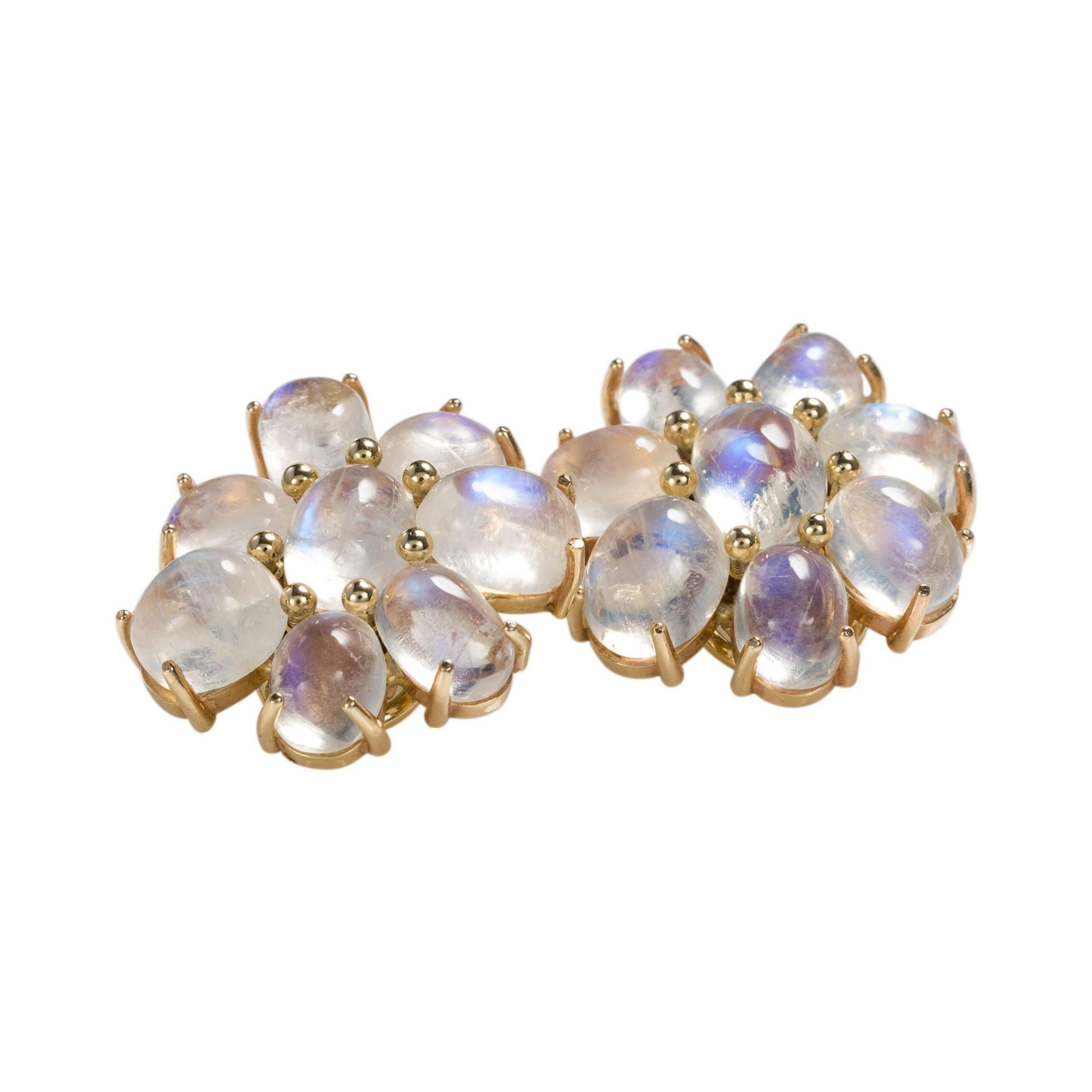 14 Karat Yellow Gold Cabochon Cut Moonstone Flower Cluster Ear Clips