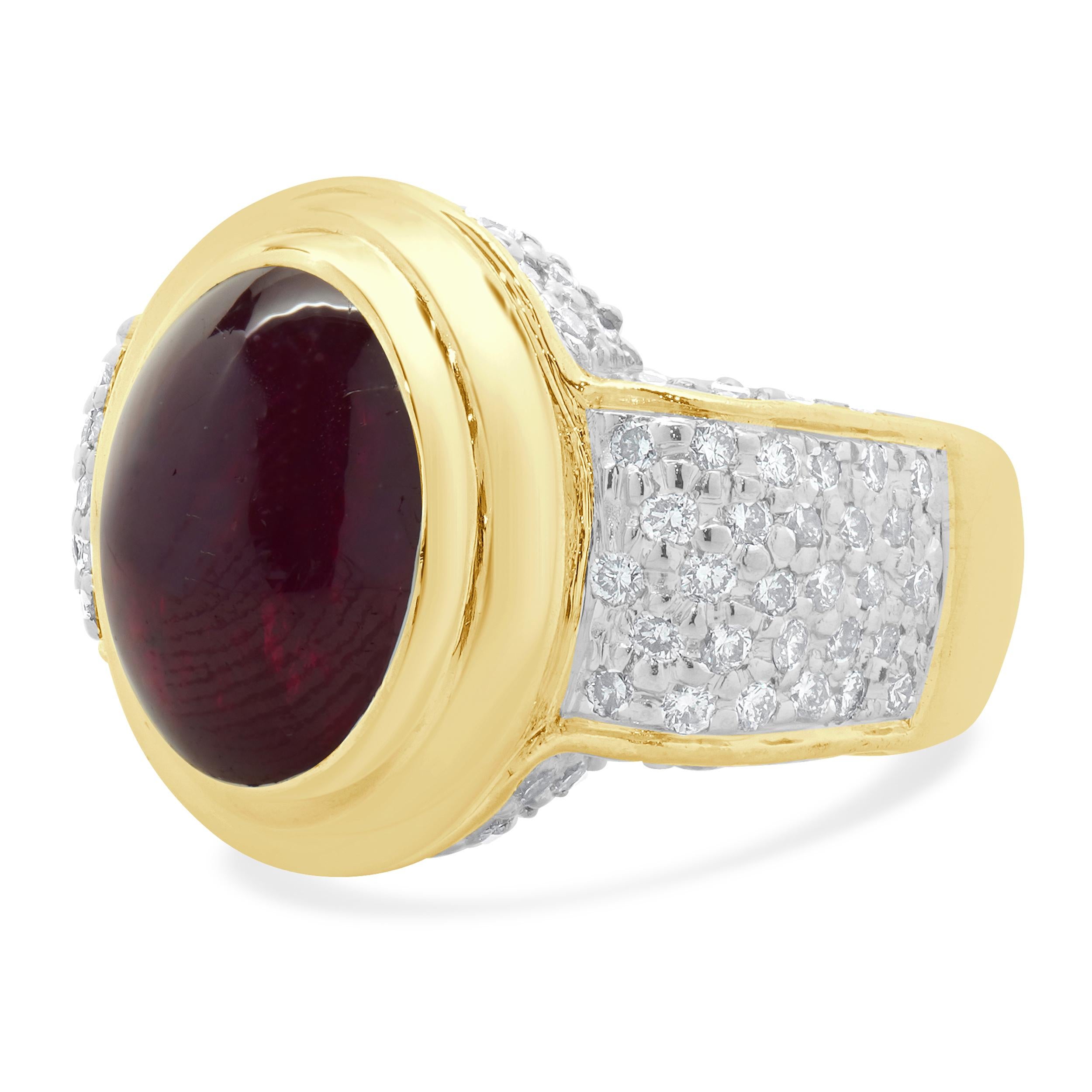 Designer: custom design
Material: 14K yellow gold
Diamond: 98 round brilliant cut = 1.30cttw
Color: H
Clarity: SI1
Ruby: 1 cabochon cut = 9.15ct
Dimensions: ring top measures 16.8mm wide
Ring Size: 6 (please allow two extra shipping days for sizing