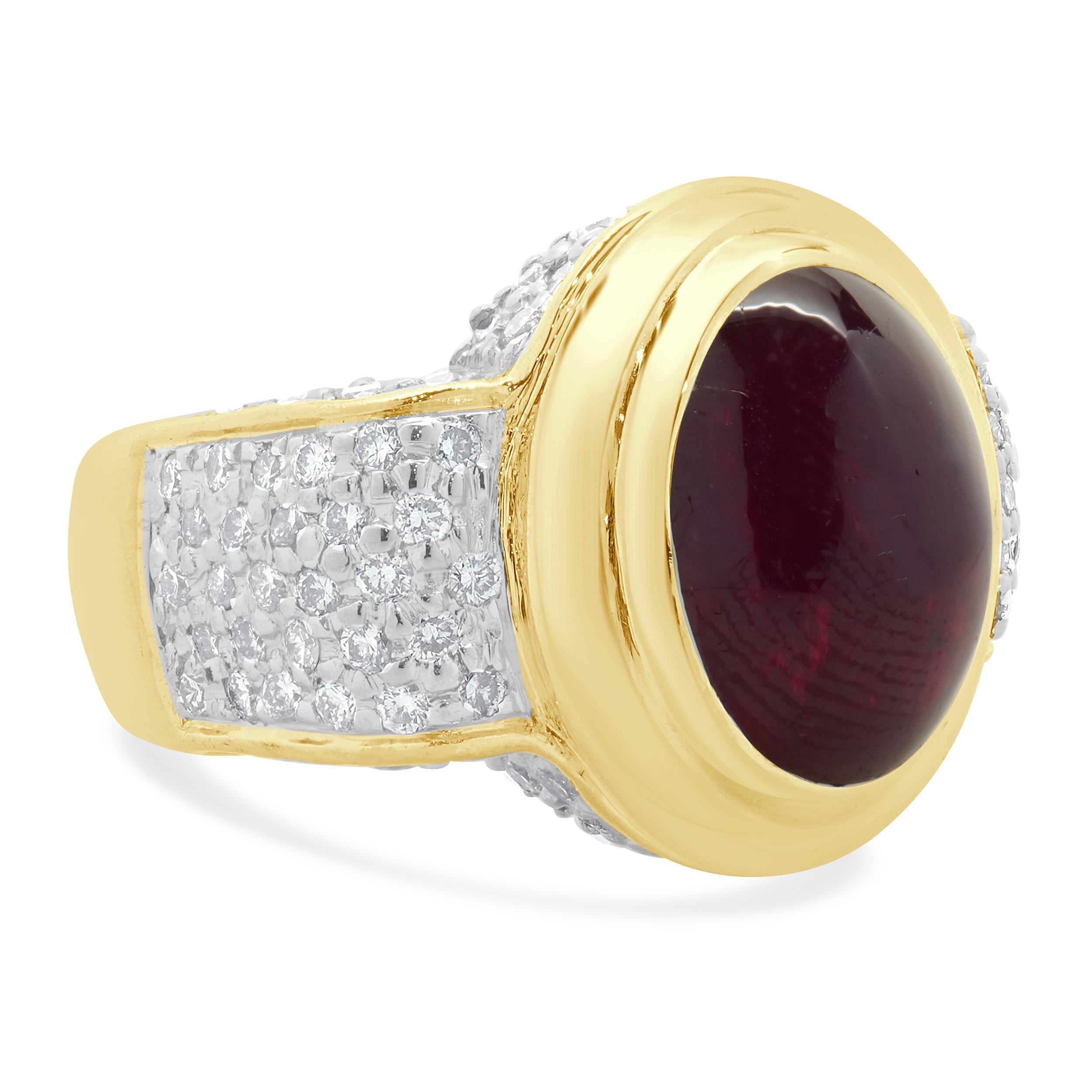 Women's 14 Karat Yellow Gold Cabochon Cut Ruby and Pave Diamond Ring