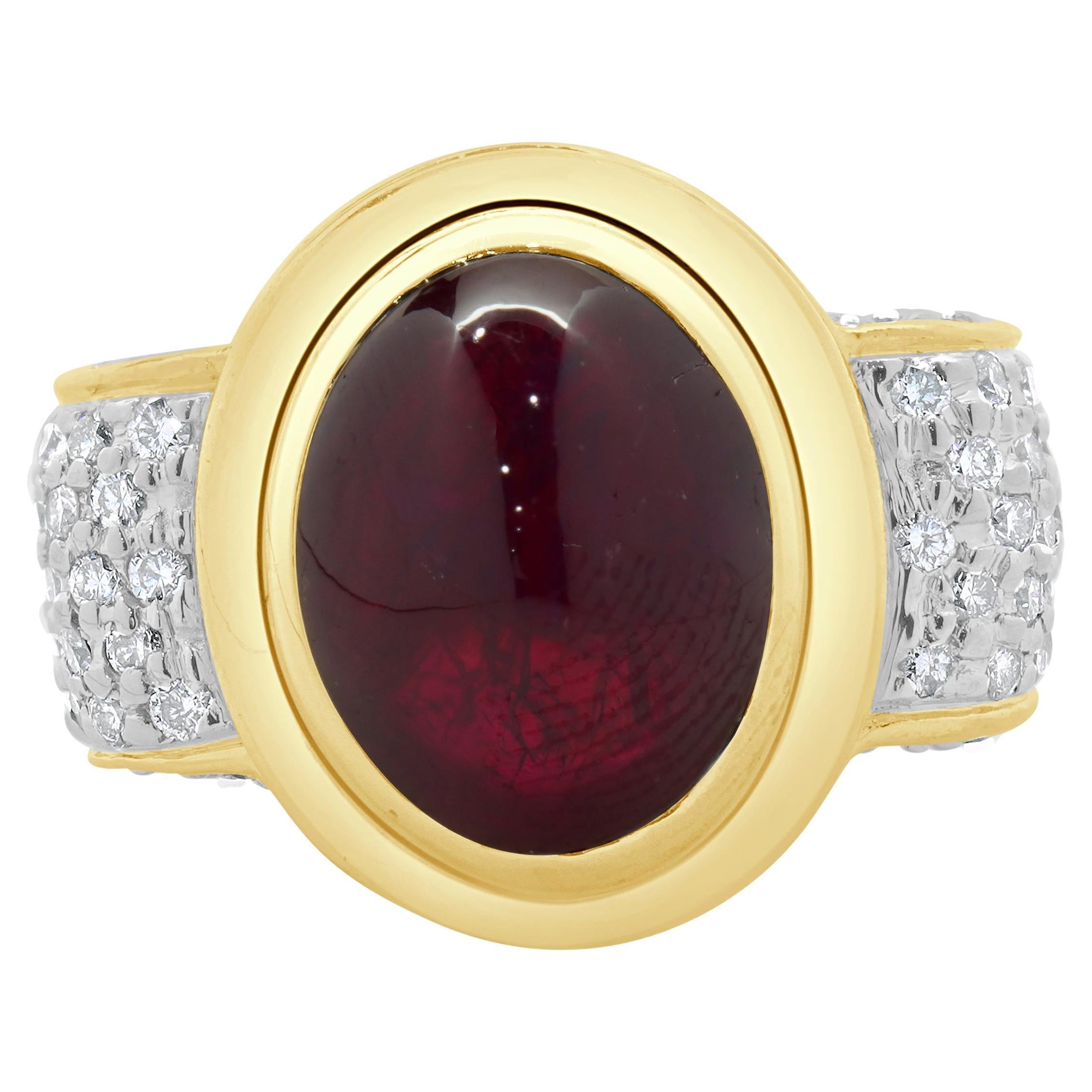 14 Karat Yellow Gold Cabochon Cut Ruby and Pave Diamond Ring