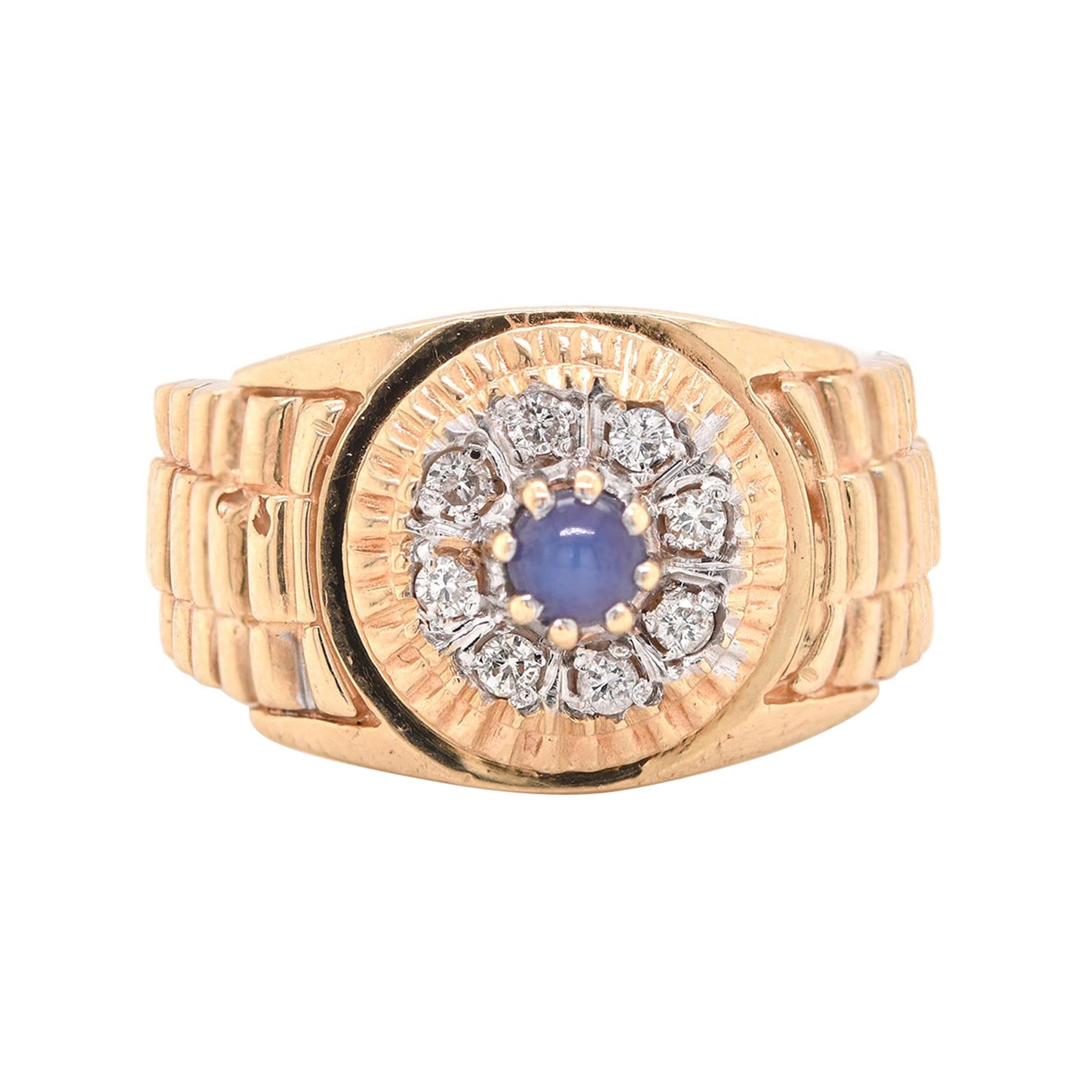 14 Karat Yellow Gold Cabochon Cut Sapphire and Diamond Ring For Sale