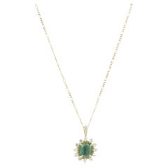 14 Karat Yellow Gold Cabochon Emerald and Diamond Necklace