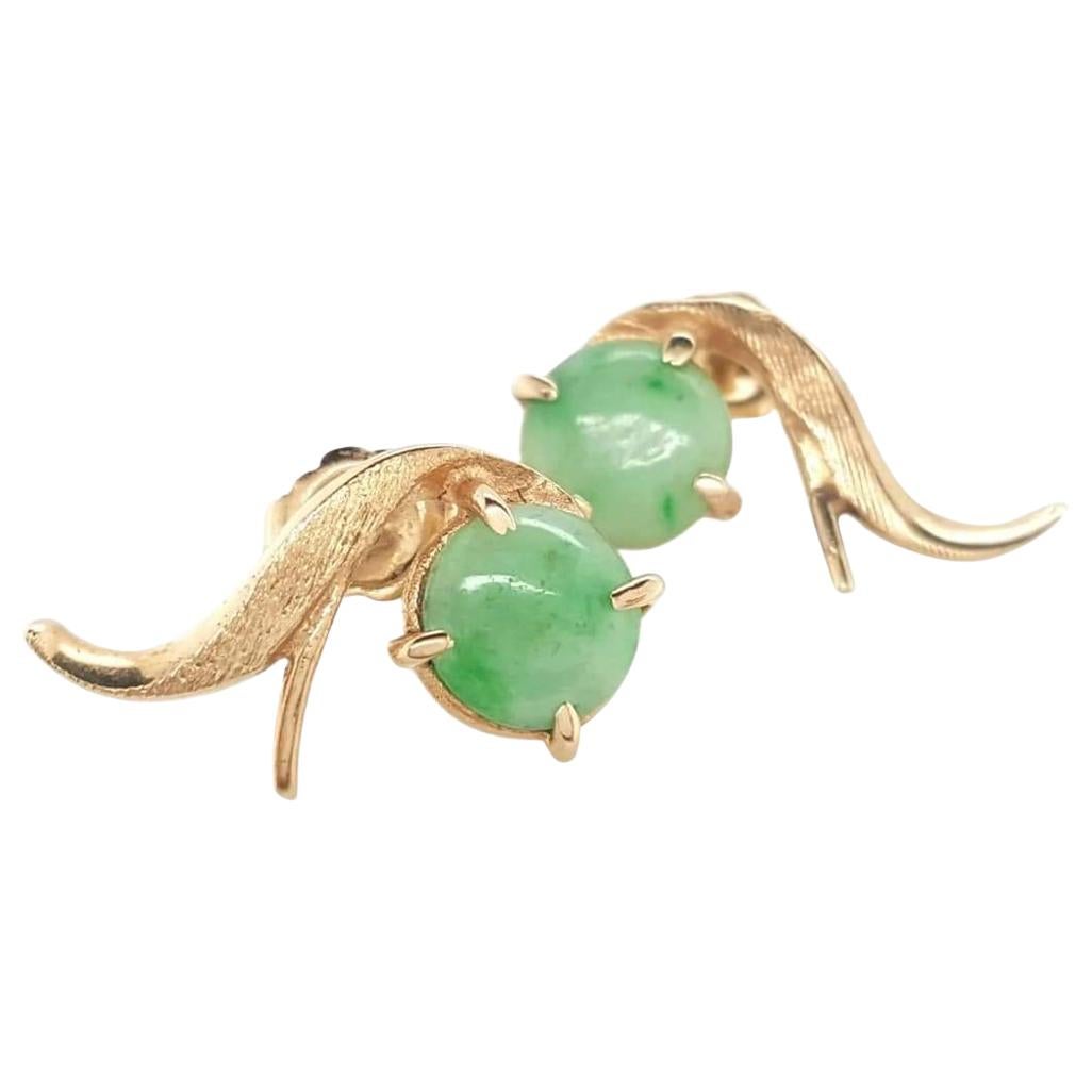 14 Karat Yellow Gold Cabochon Jadeite Jade Stud Earrings For Sale