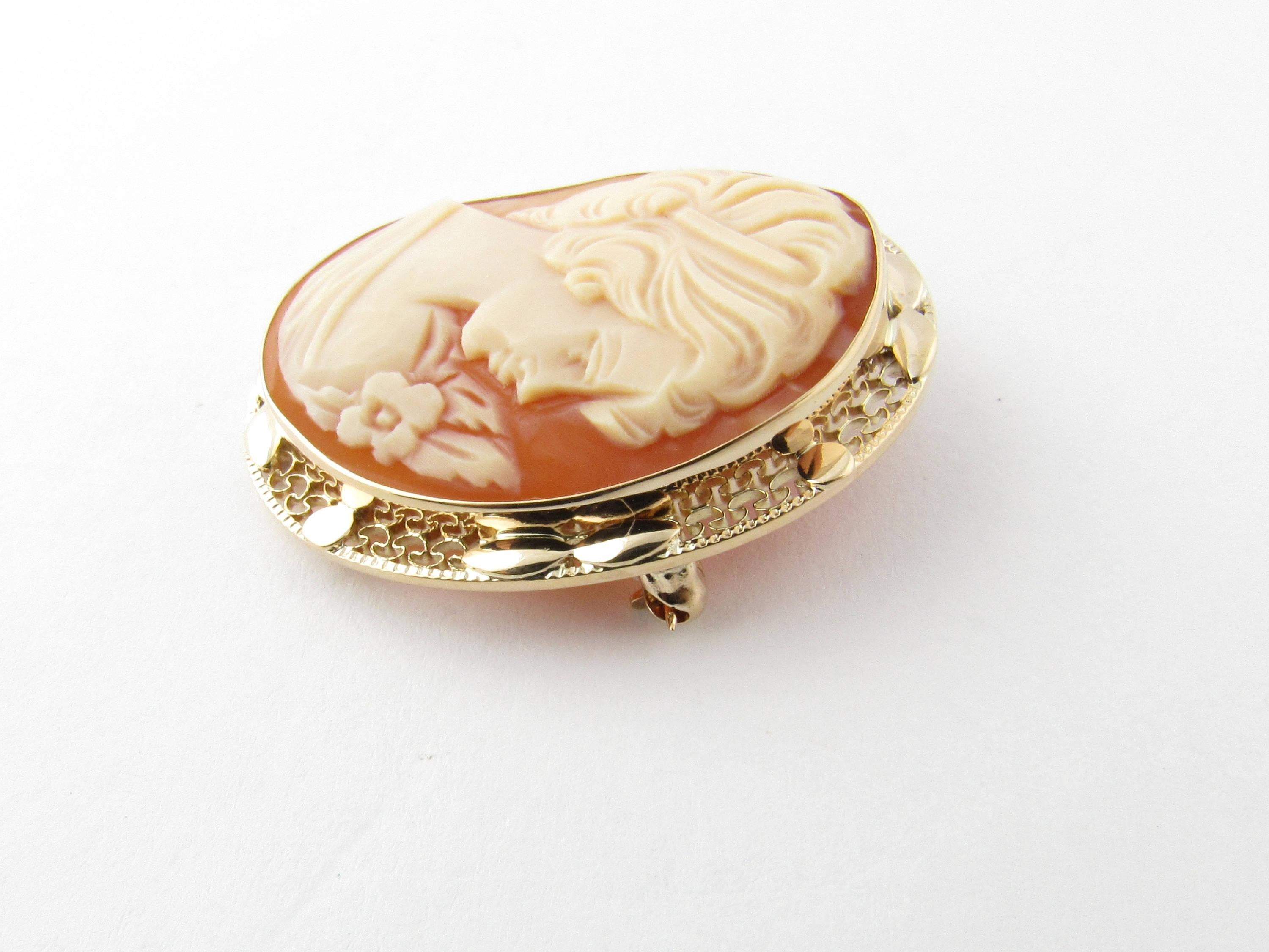 Vintage 14 Karat Yellow Gold Cameo Brooch/Pendant- 
This exquisite cameo features a lovely lady in profile framed in meticulously designed yellow gold filigree. Can be worn a a brooch or a pendant. 
Size: 34 mm x  28 mm 
Weight: 3.2 dwt. /  5.1 gr.