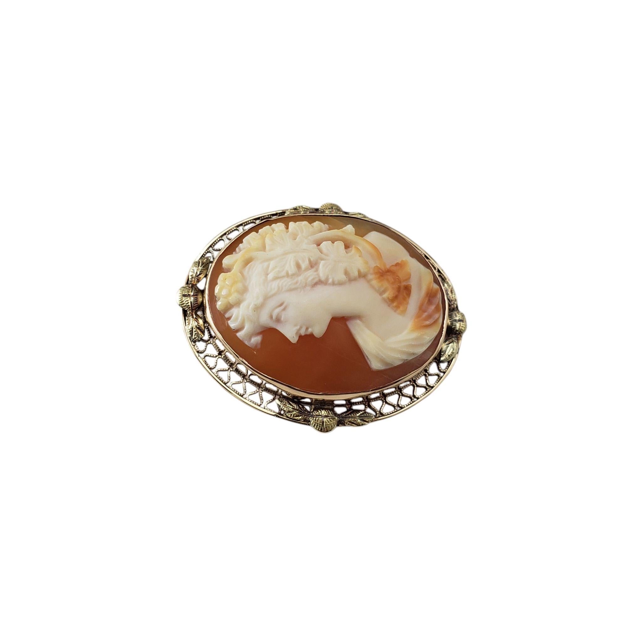 14K Yellow Gold Cameo Brooch/Pendant-

This timeless cameo features a delicately carved lady in profile, combining classic elegance with intricate craftsmanship. This stunning piece is framed by an exquisite filigree setting in 14K yellow gold. Can