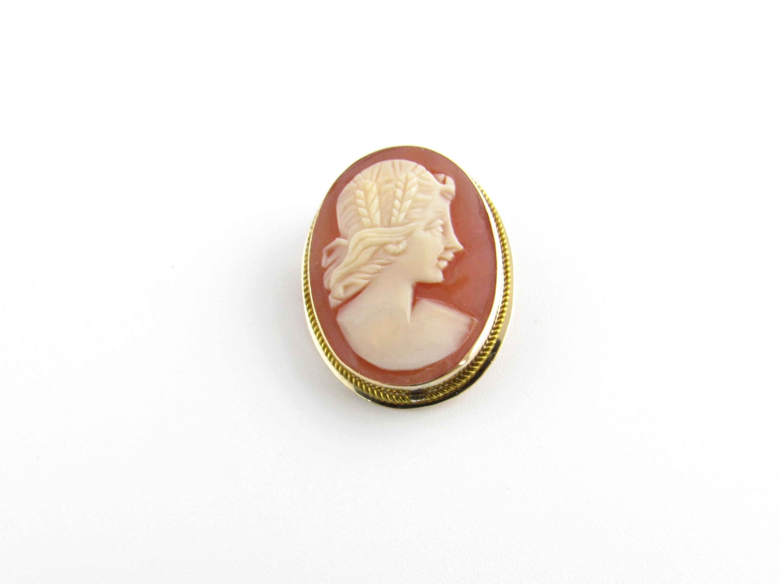 Vintage 14 Karat Yellow Gold Cameo Brooch / Pendant

This elegant cameo features a lovely lady in profile set in classic 14K yellow gold. Can be worn as a brooch or a pendant.

Size: 28 mm x 17 mm

Weight: 1.5 dwt. / 2.4 gr.

Acid tested for 14K