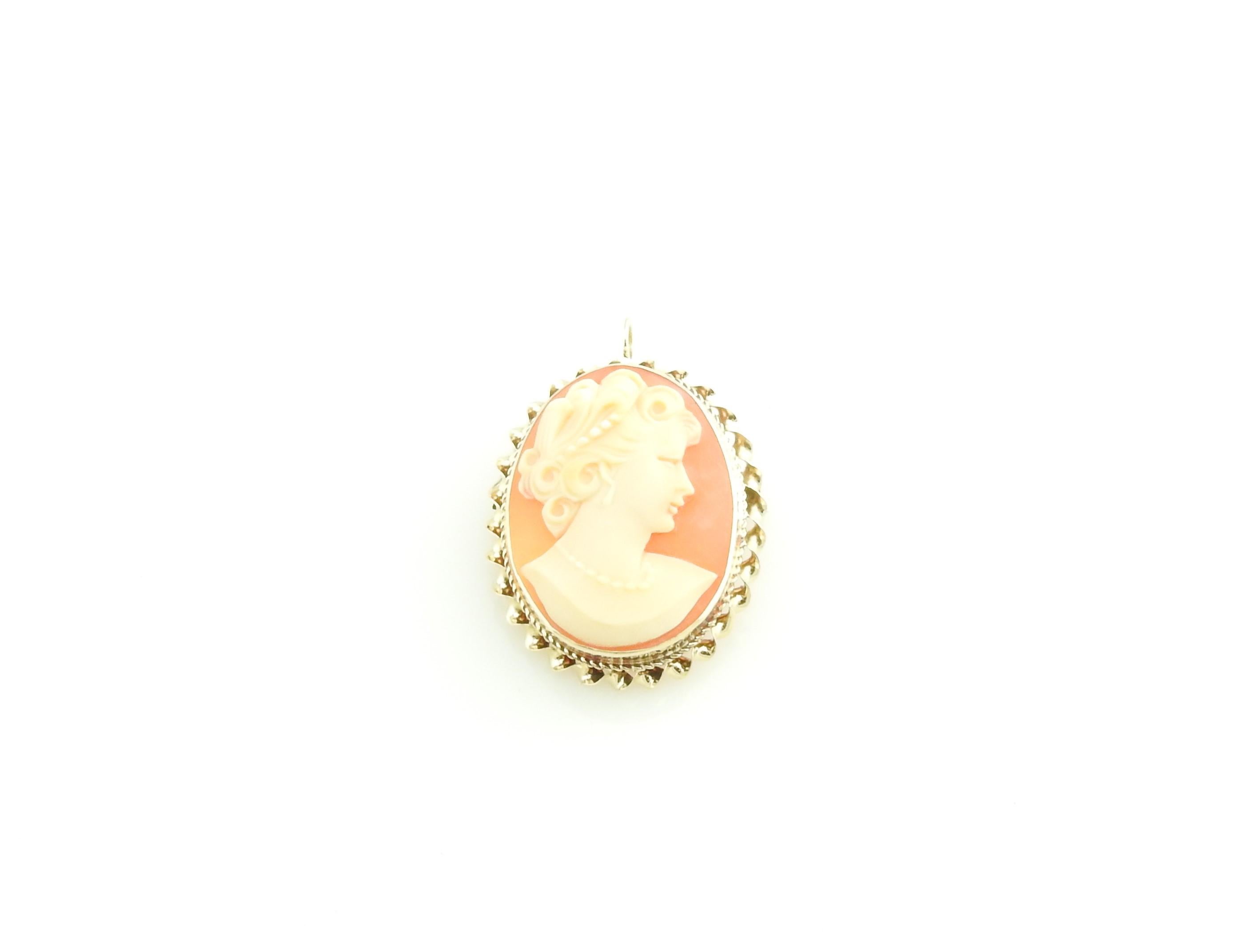 Vintage 14 Karat Yellow Gold Cameo Brooch / Pendant

This lovely cameo features a lovely lady in profile framed in beautifully detailed 14K yellow gold. Can be worn as a brooch or a pendant.

Size: 28 mm x 23 mm

Weight: 2.4 dwt. / 3.8 gr.

Acid