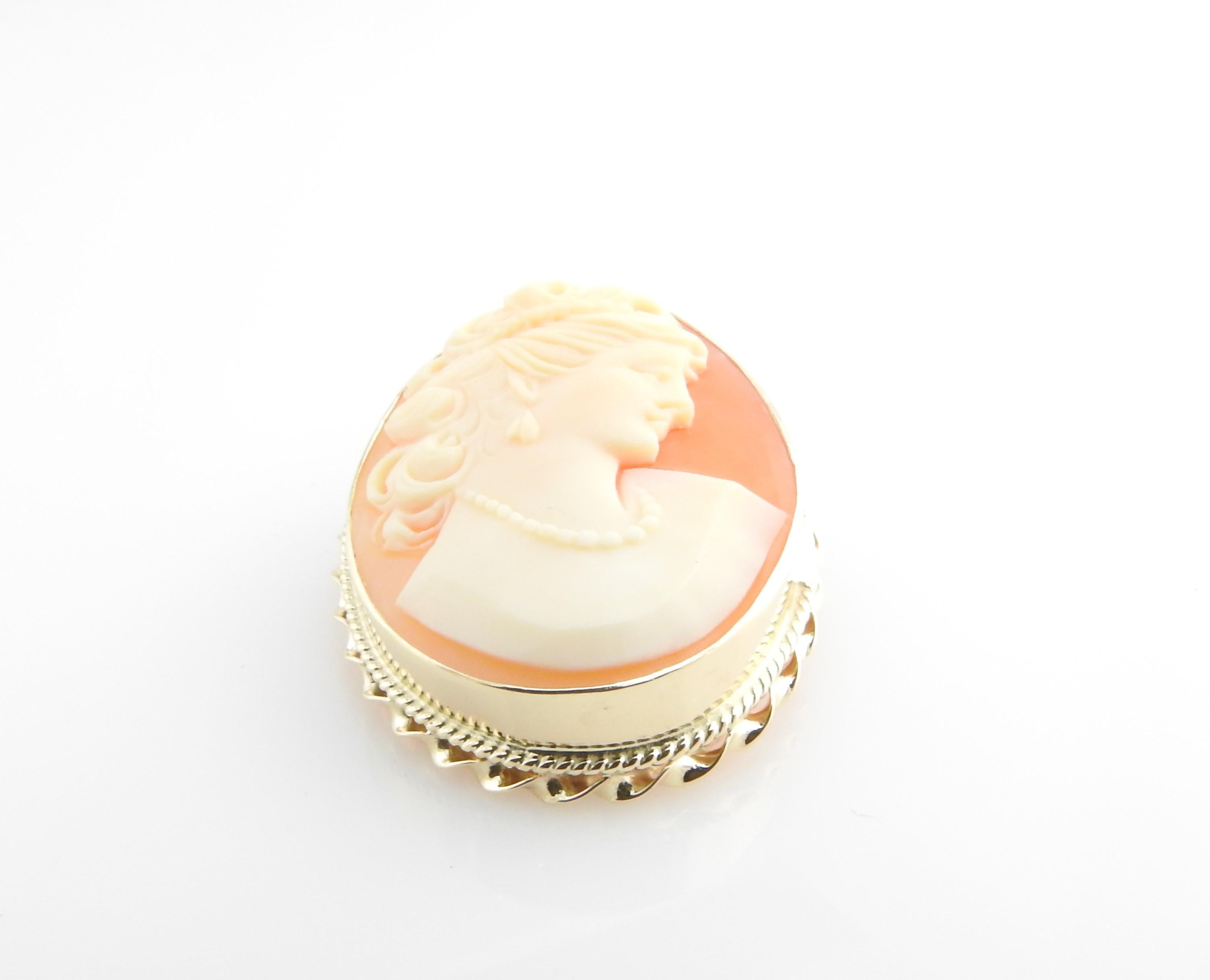 14 Karat Yellow Gold Cameo Brooch/Pendant-

This lovely cameo features a lovely lady in profile framed in beautifully detailed 14K yellow gold.  Can be worn as a brooch or a pendant.

Size:  33 mm x 26 mm 

Weight: 5.3 dwt. / 8.3 gr. 

Stamped: