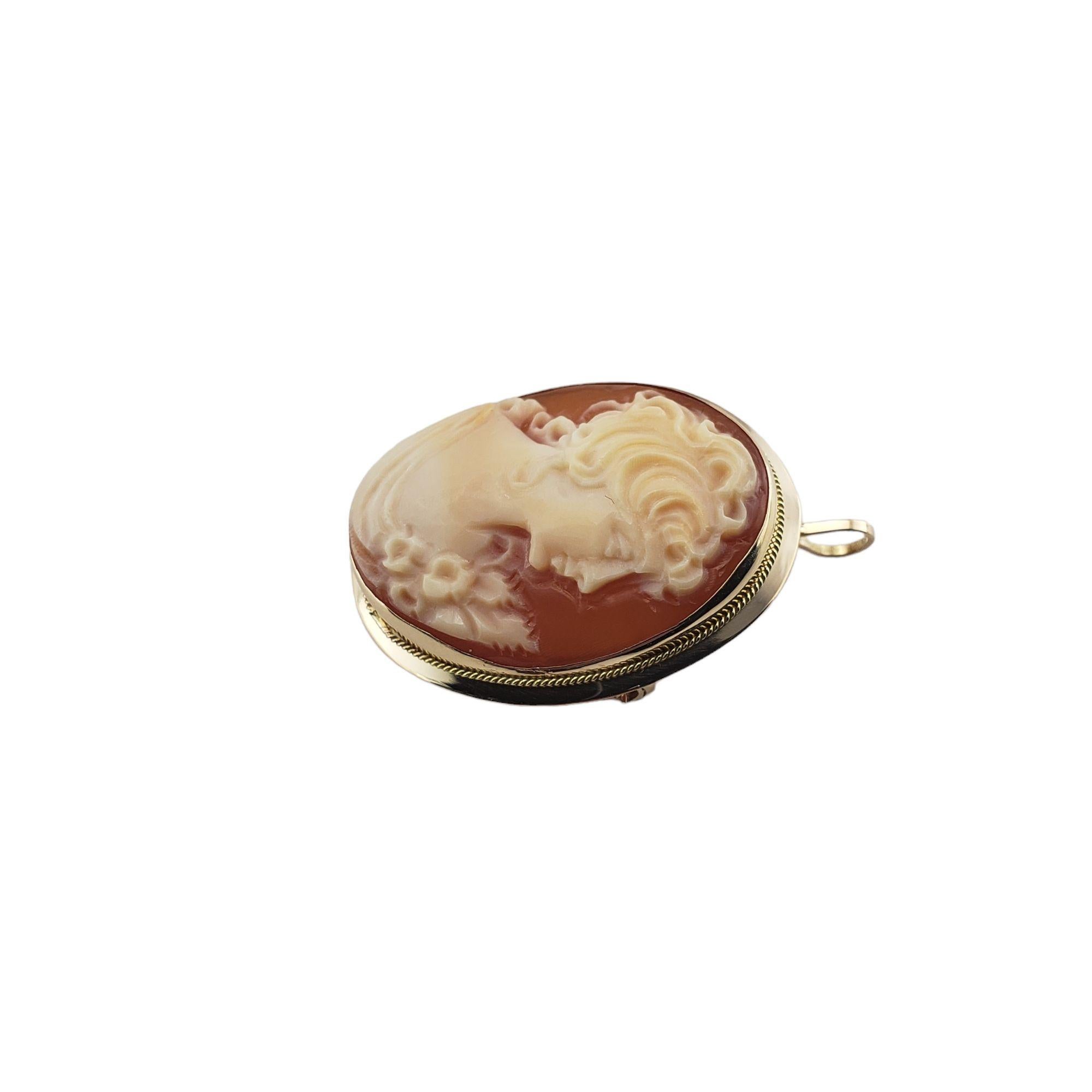 Vintage 14 Karat Yellow Gold Cameo Brooch/Pendant-

This elegant cameo brooch features a lovely lady in profile set in classic 14K yellow gold. Can be worn as a brooch or a pendant.

Size: 28 mm x 22 mm

Weight: 2.6 dwt. / 4.1 gr.

Stamped: Italy
