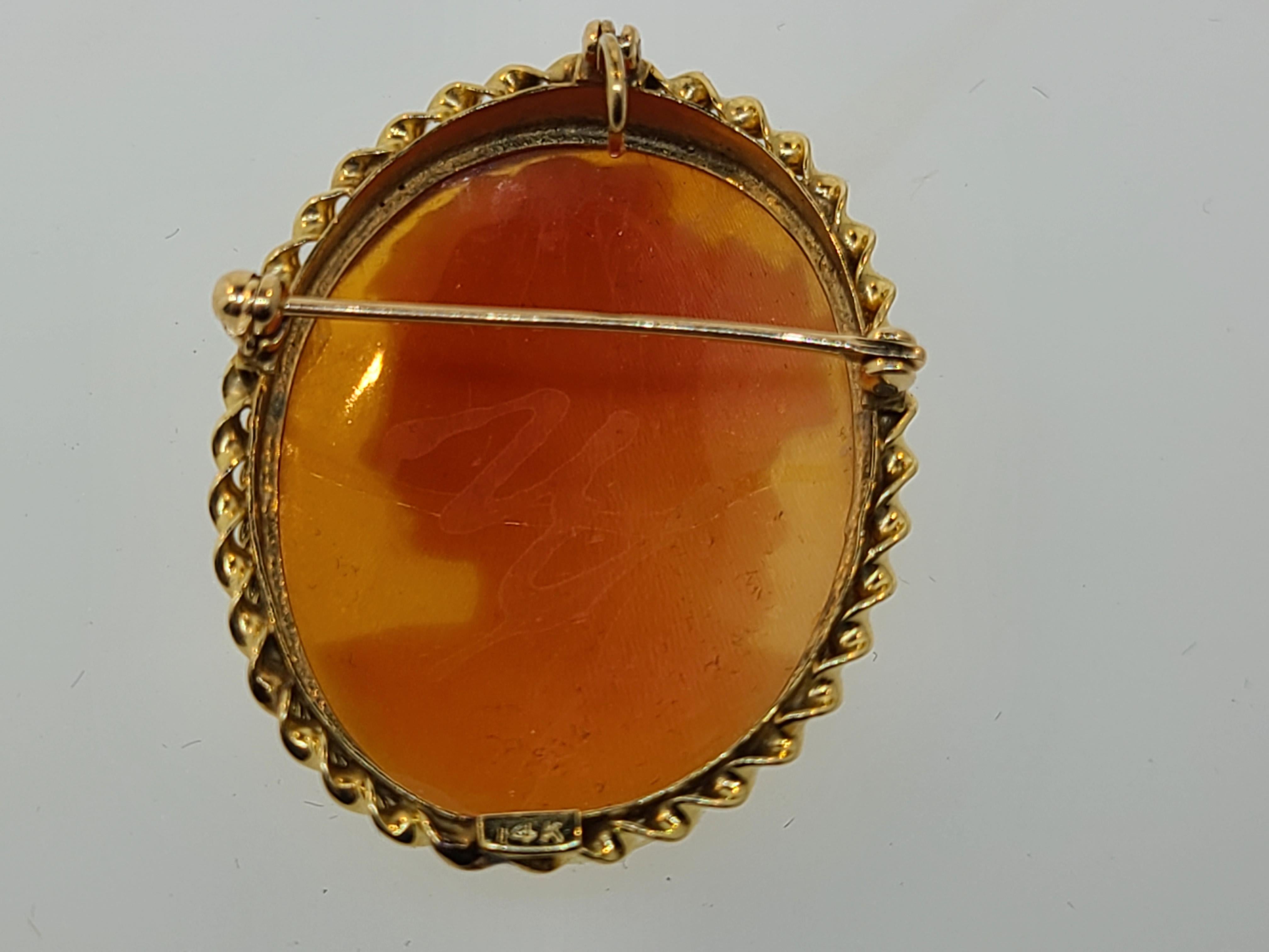 Women's 14 Karat Yellow Gold Cameo Brooch Pendant For Sale