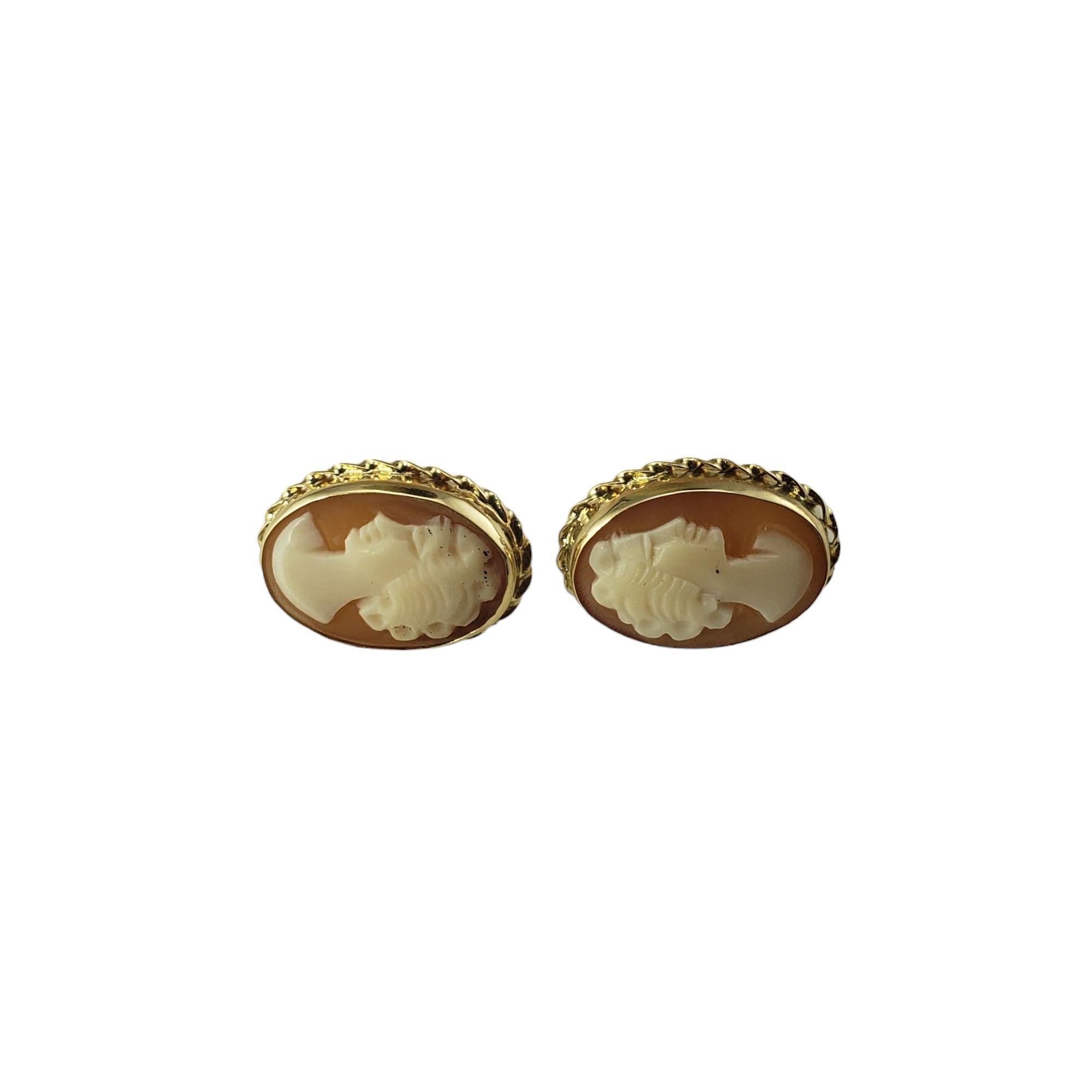 Vintage 14 Karat Yellow Gold Cameo Earrings-

These elegant cameo earrings each feature a lovely lady in profile set in classic 14K yellow gold.  Push back closures.

Size: 17 mm x 1.5 mm

Tested 14K gold.

Weight: 2.4 gr./ 15 dwt.

Very good