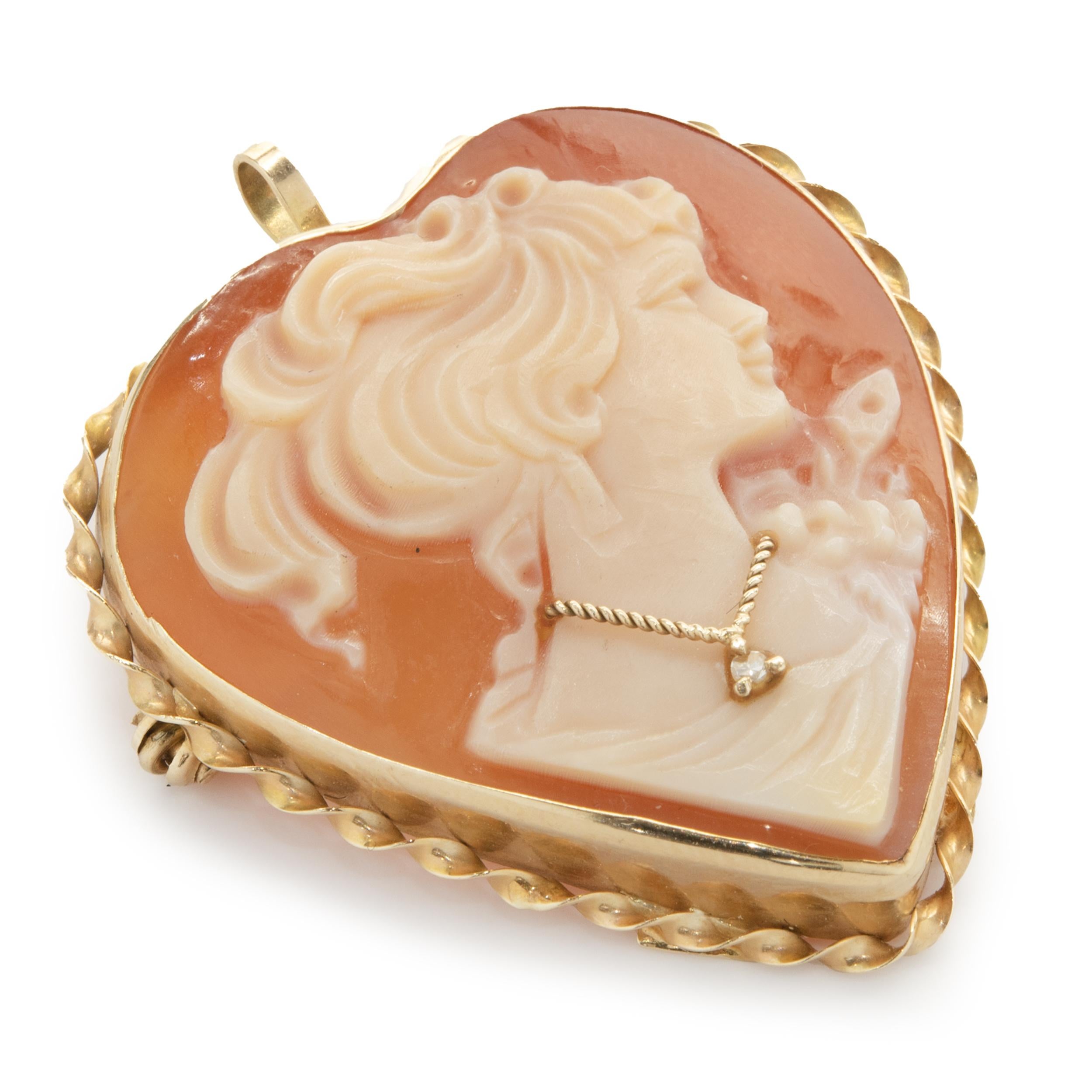 Women's 14 Karat Yellow Gold Cameo Heart Pin For Sale