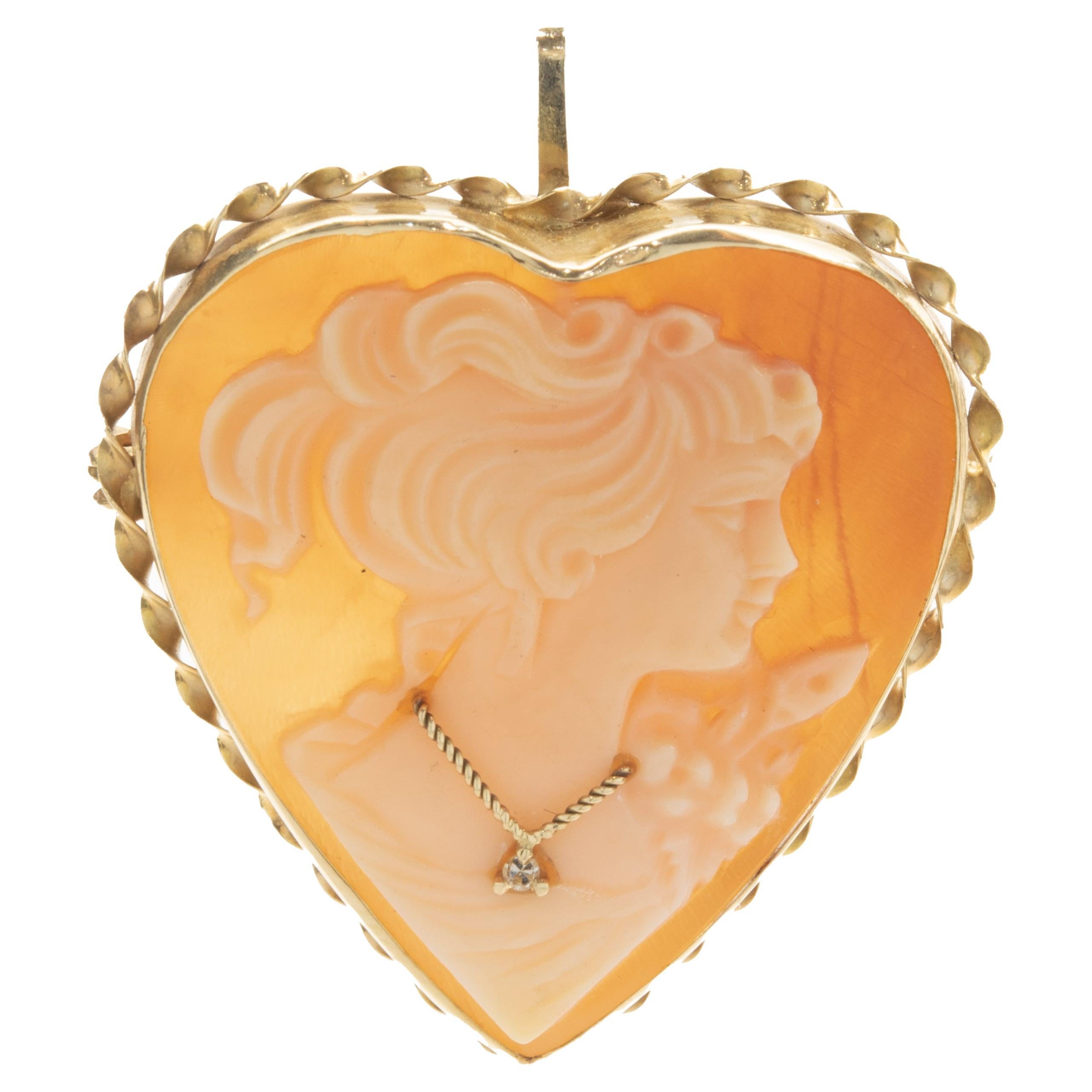 14 Karat Yellow Gold Cameo Heart Pin For Sale