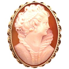 Pendentif et broche camée en or jaune 14 carats représentant le profil d'une femme