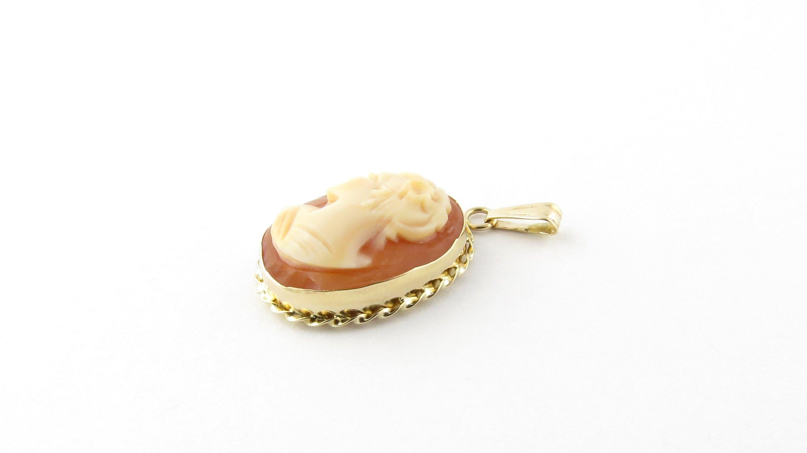 Vintage 14 Karat Yellow Gold Cameo Pendant- 
This lovely cameo pendant features an elegant lady in profile framed in beautifully detailed 14K yellow gold. 
Size: 20 mm x 13 mm (actual pendant) 
Weight: 1.1 dwt. / 1.8 gr. 
Hallmark: Acid tested for