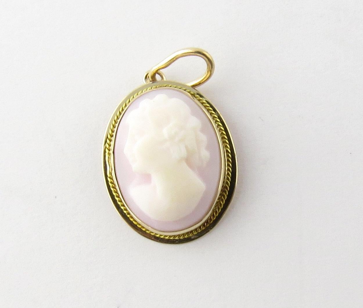 Vintage 14 Karat Yellow Gold Cameo Pendant-

This lovely cameo pendant features a lovely lady in profile framed in classic 14K yellow gold.

Size: 17 mm x 13 mm (actual pendant)

Weight: 0.8 dwt. / 1.3 gr.

Hallmark: 14K

Very good condition,