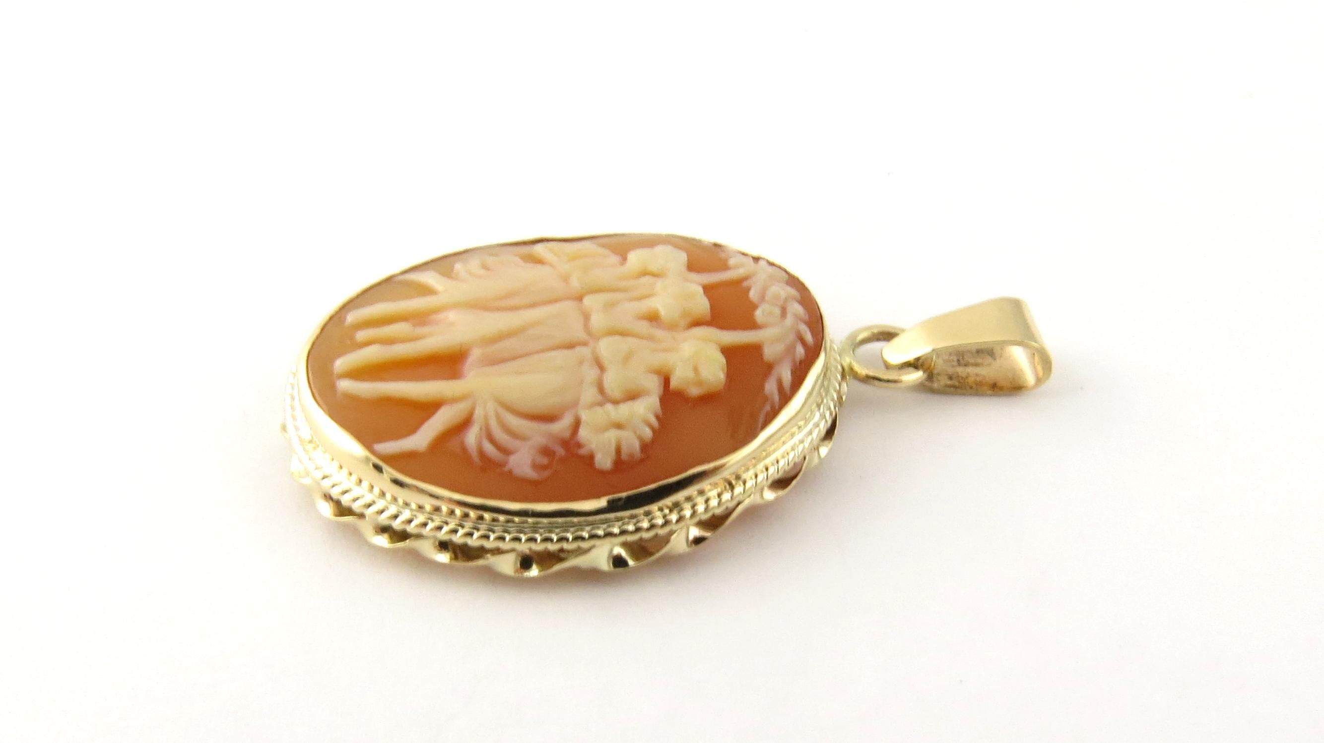 Vintage 14 Karat Yellow Gold Cameo Pendant

This classic cameo pendant features three lovely ladies holding their parasols framed in beautifully detailed 14K yellow gold.

Size: 33 mm x 22 mm

Weight: 3.1 dwt. / 4.9 gr.

Acid tested for 14K