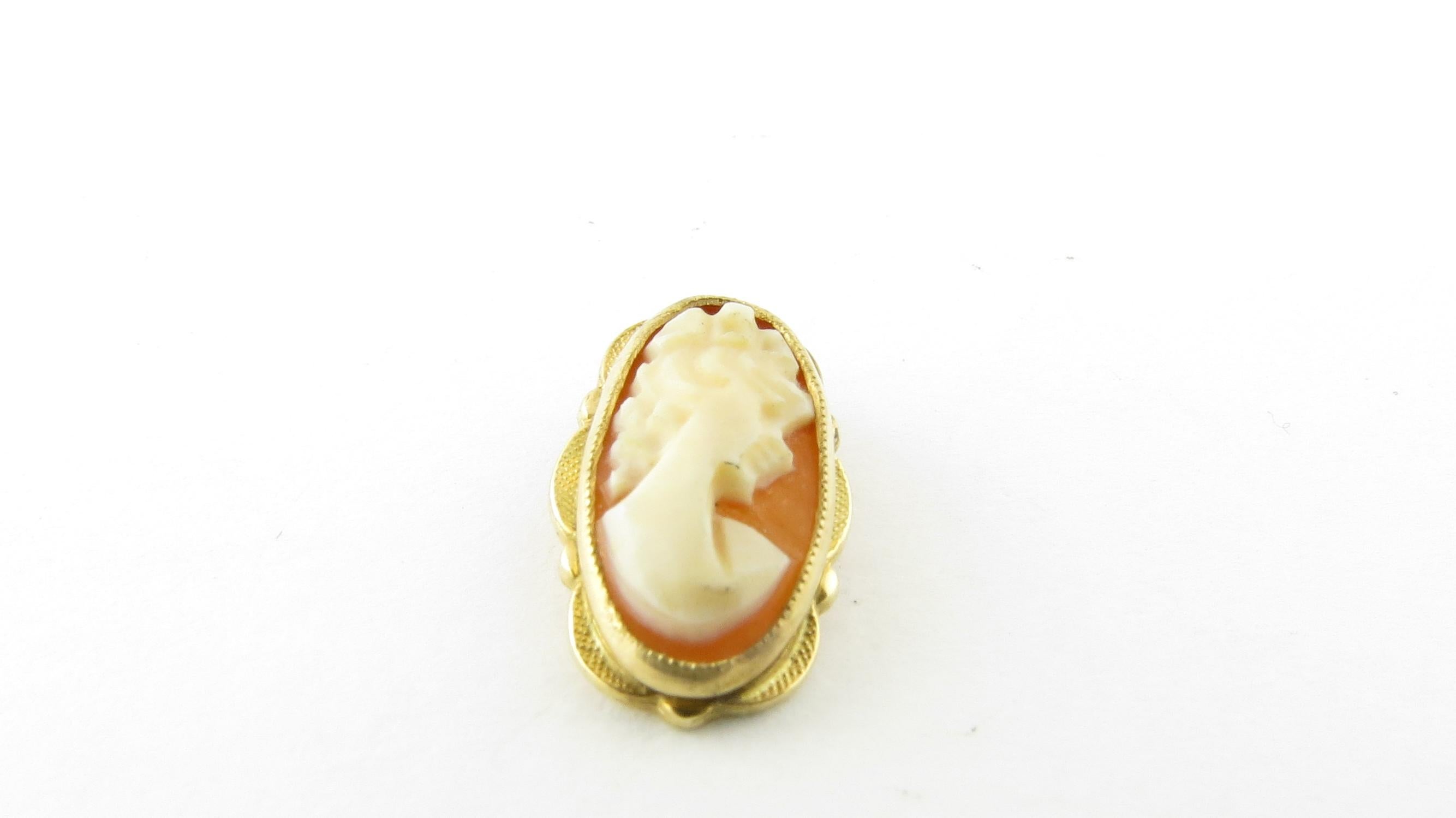 Vintage 14 Karat Yellow Gold Cameo Pendant

This lovely cameo pendant features a lovely lady in profile framed in beautifully detailed 14K yellow gold.

Size: 15 mm x 9 mm

Weight: 0.6 dwt. / 1.0 gr.

Acid tested for 14K gold.

Very good condition,