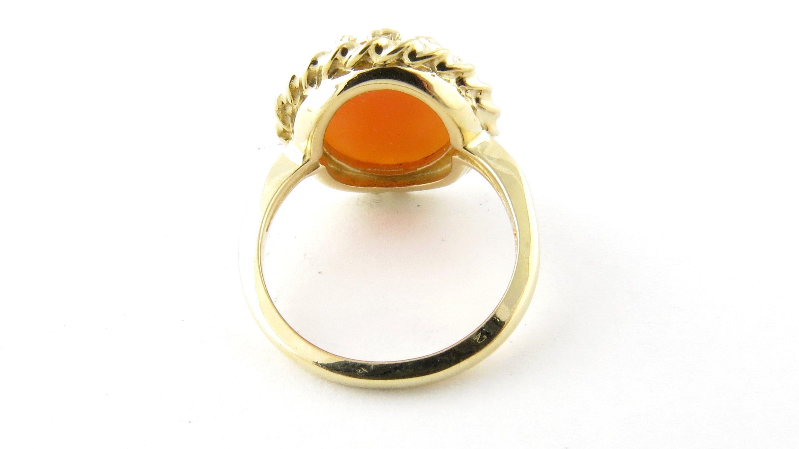 Vintage 14 Karat Yellow Gold Cameo Ring Size 6- 
This classic cameo ring features a lovely lady in profile framed in beautifully detailed 14K yellow gold. Cameo measures 17 mm x 16 mm. Shank measures 2 mm. 
Ring Size: 6 
Weight: 3.4 dwt. / 5.3 gr.