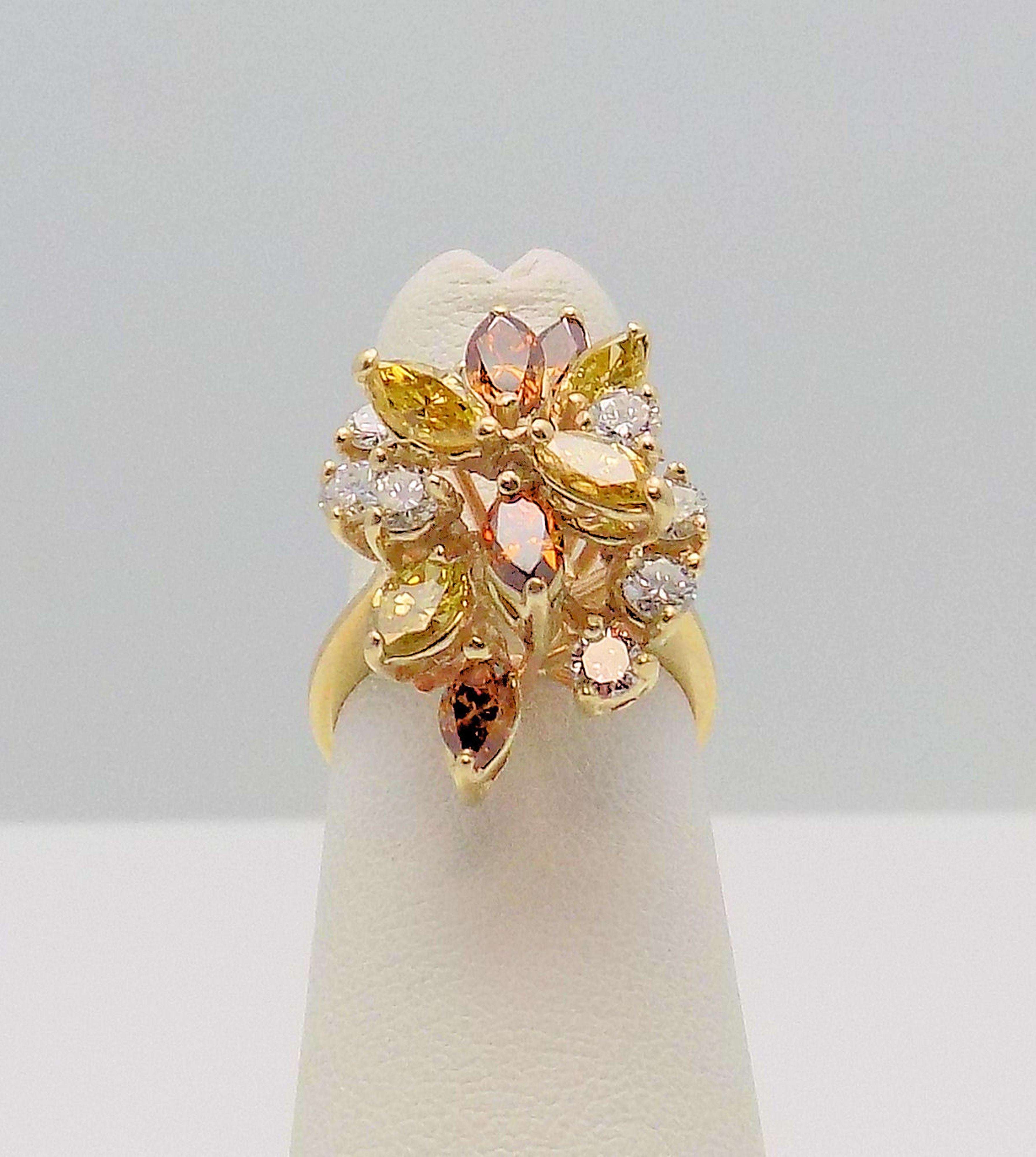 Marquise Cut 14 Karat Yellow Gold Canary and Cognac Diamond Cocktail Ring For Sale