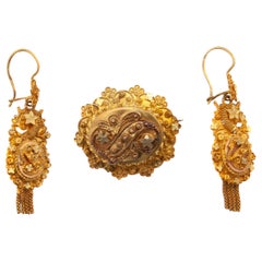 14K Yellow Gold Filigree Tassel Earrings and Brooch, Jewelry Set