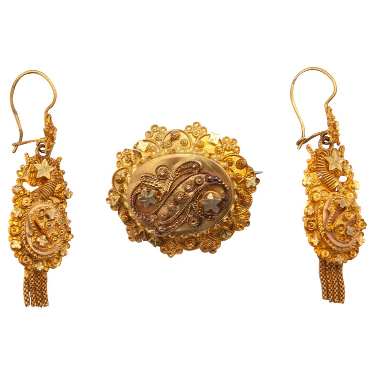 14K Yellow Gold Filigree Tassel Earrings and Brooch, Jewelry Set For