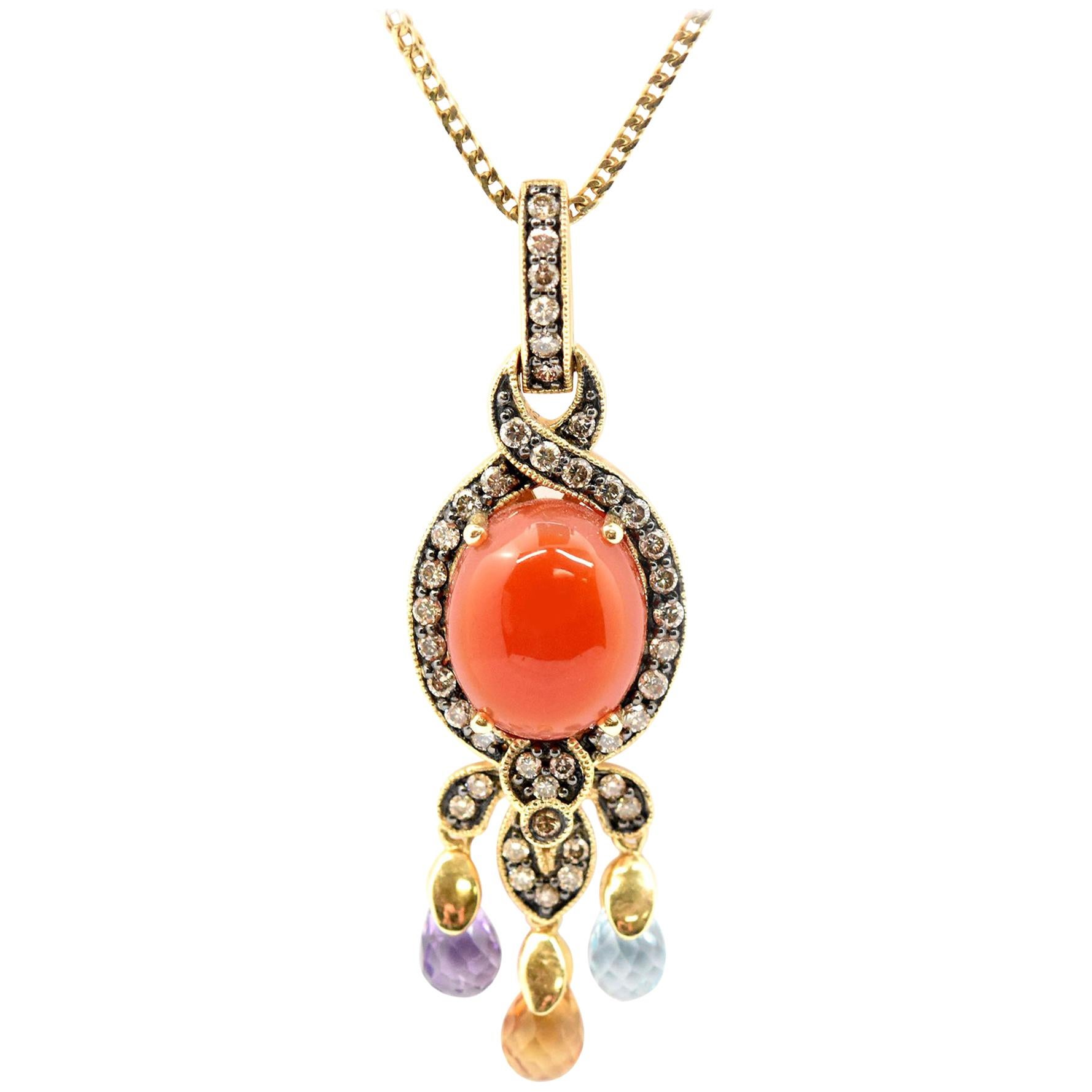 14 Karat Yellow Gold, Carnelian, Diamond and Color Rondelle Necklace For Sale