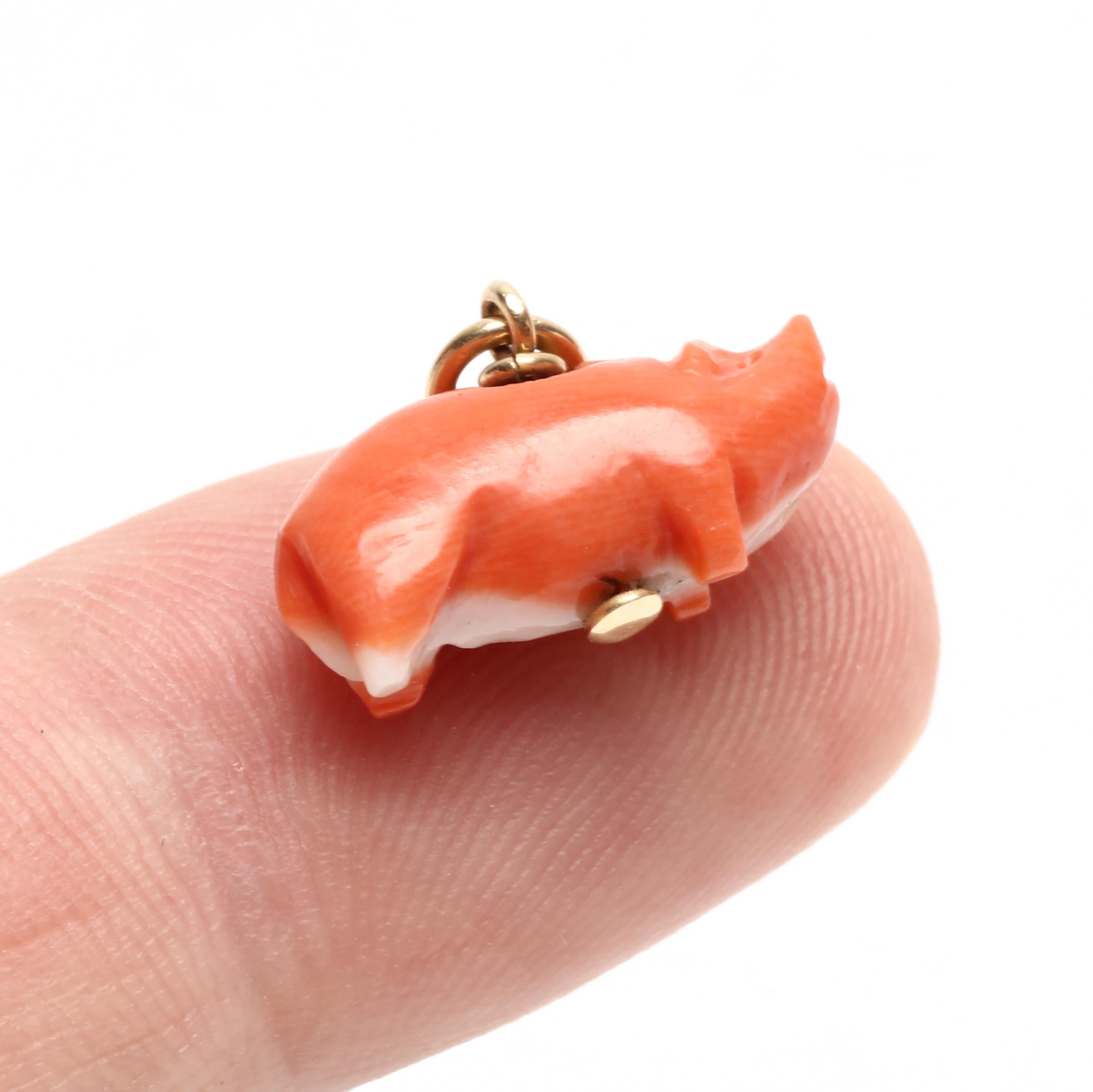 Mixed Cut 14 Karat Yellow Gold Carved Coral Pig Charm