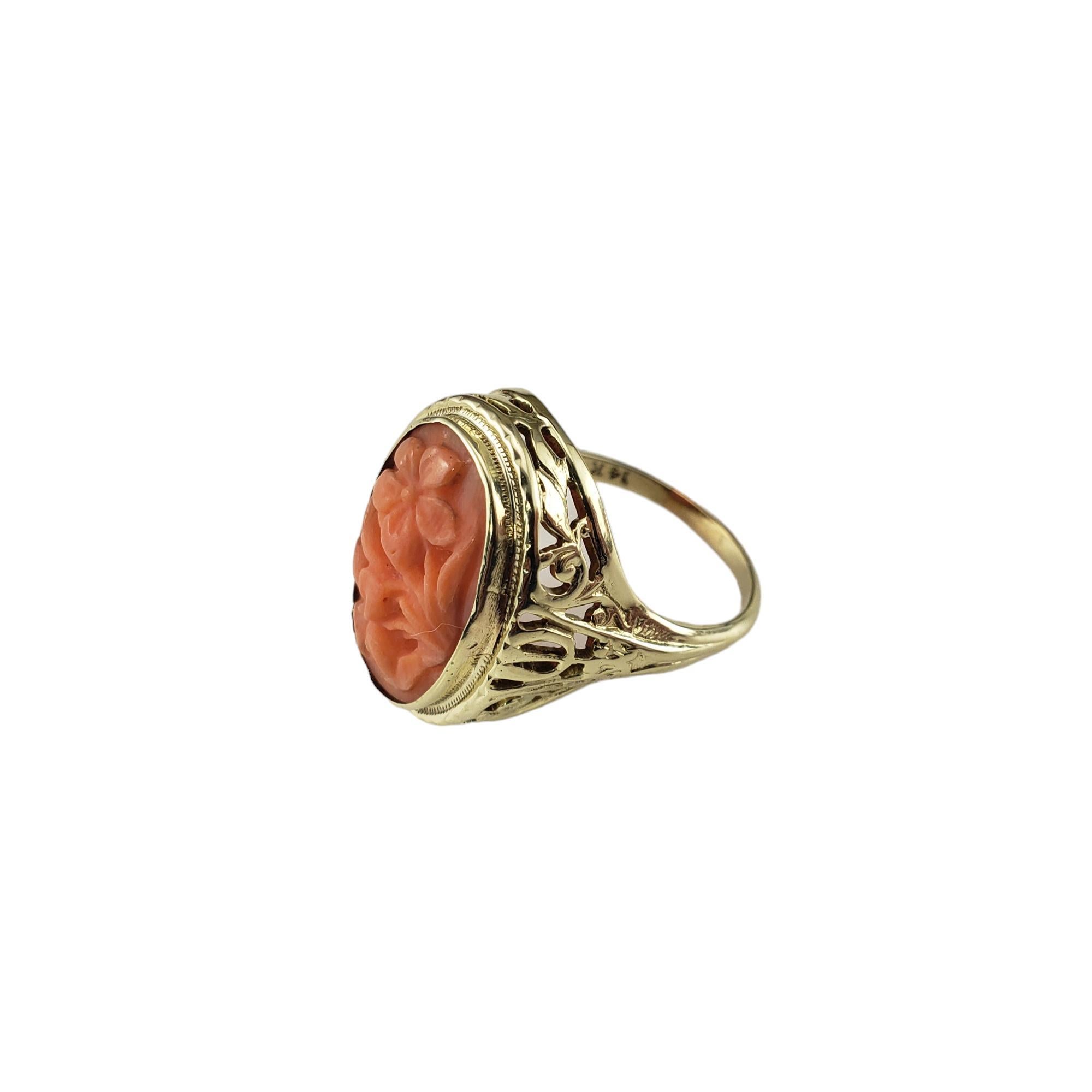 14 Karat Yellow Gold Carved Coral Ring Size 8.25 #17729 In Good Condition In Washington Depot, CT