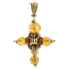 18 Karat Yellow and White Gold Carved Cross Pendant with Citrine