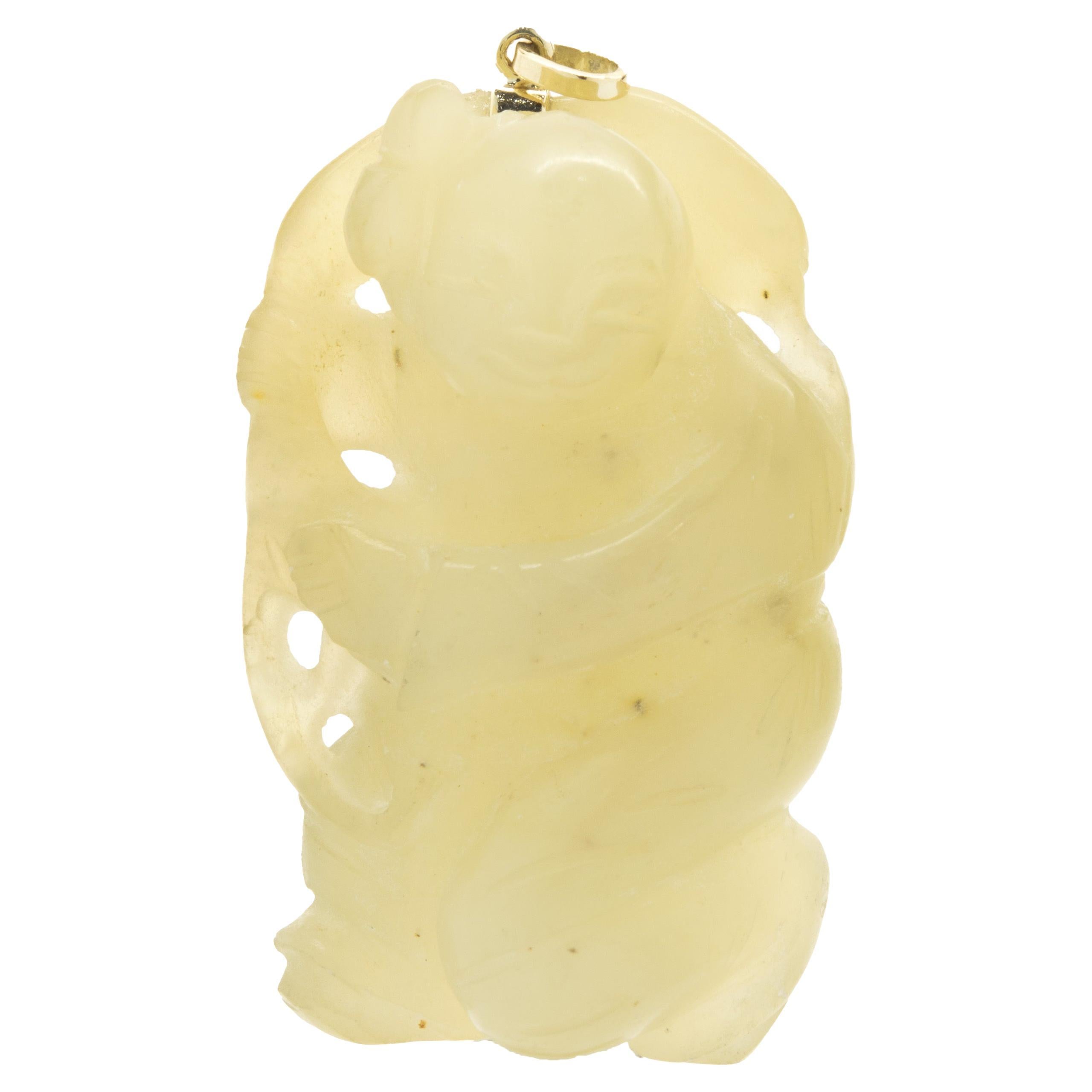 14 Karat Yellow Gold Carved Jade Pendant For Sale