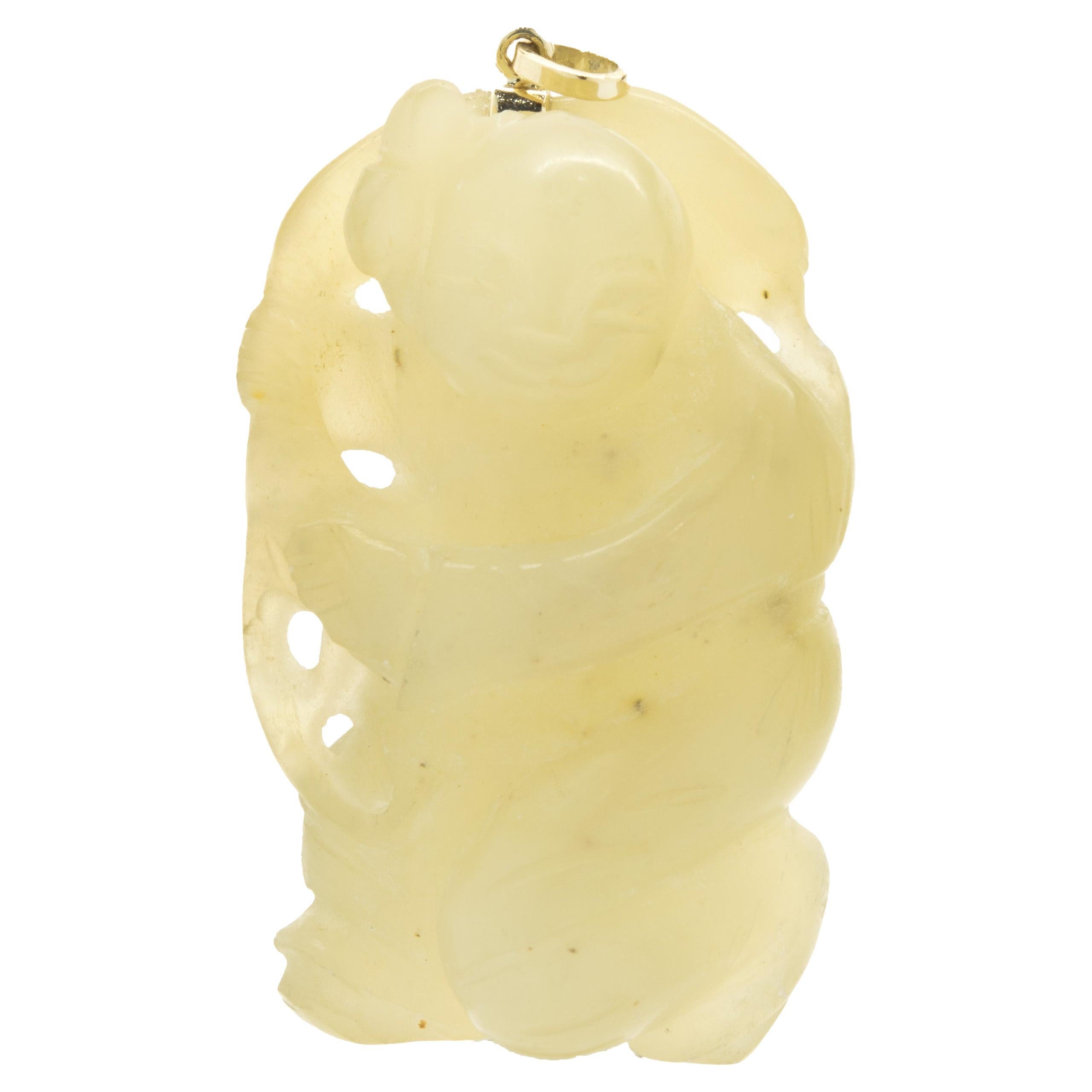 14 Karat Yellow Gold Carved Jade Pendant