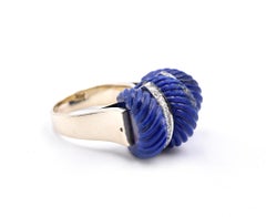 14 Karat Yellow Gold Carved Lapis and Diamond Ring