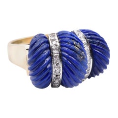 14 Karat Yellow Gold Carved Lapis and Diamond Ring
