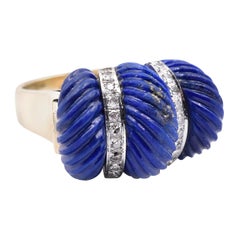 14 Karat Yellow Gold Carved Lapis and Diamond Ring