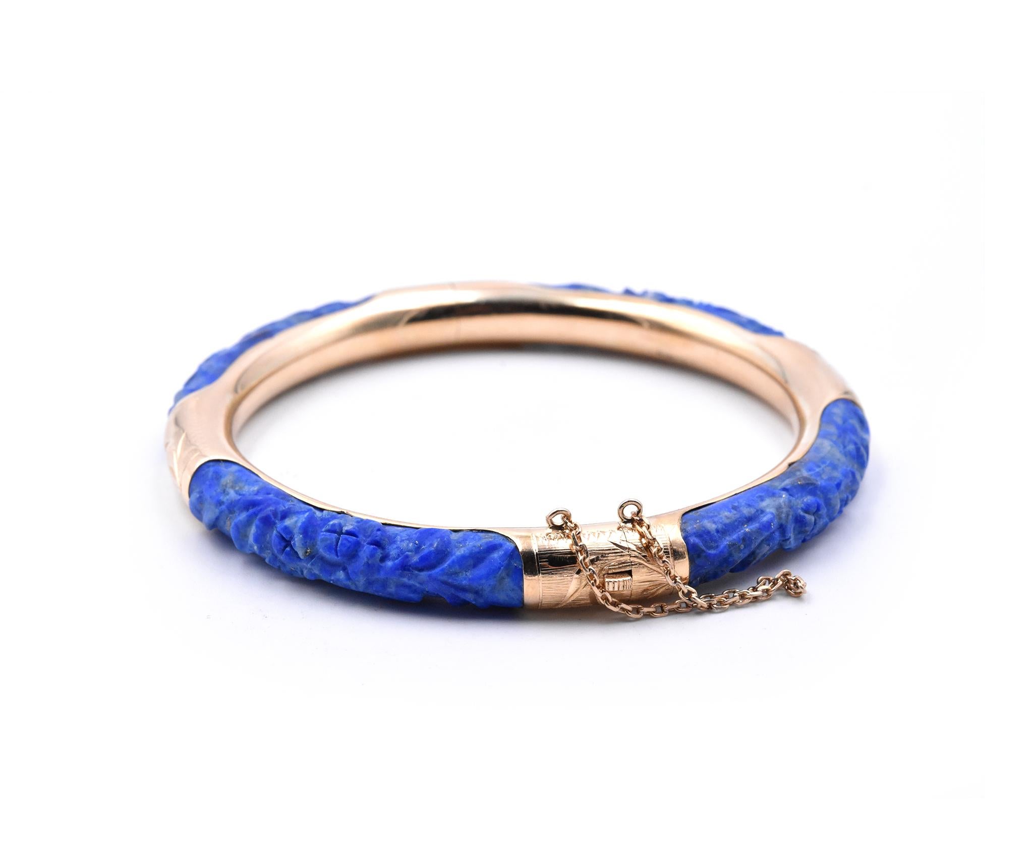 14 Karat Yellow Gold Carved Lapis Bangle Bracelet In Excellent Condition In Scottsdale, AZ