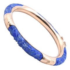 14 Karat Yellow Gold Carved Lapis Bangle Bracelet