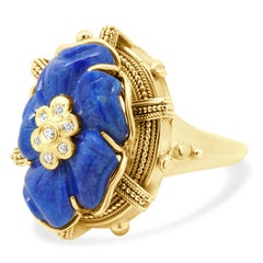 14 Karat Yellow Gold Carved Lapis Flower and Round Diamond Ring
