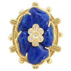 14 Karat Yellow Gold Carved Lapis Flower and Round Diamond Ring