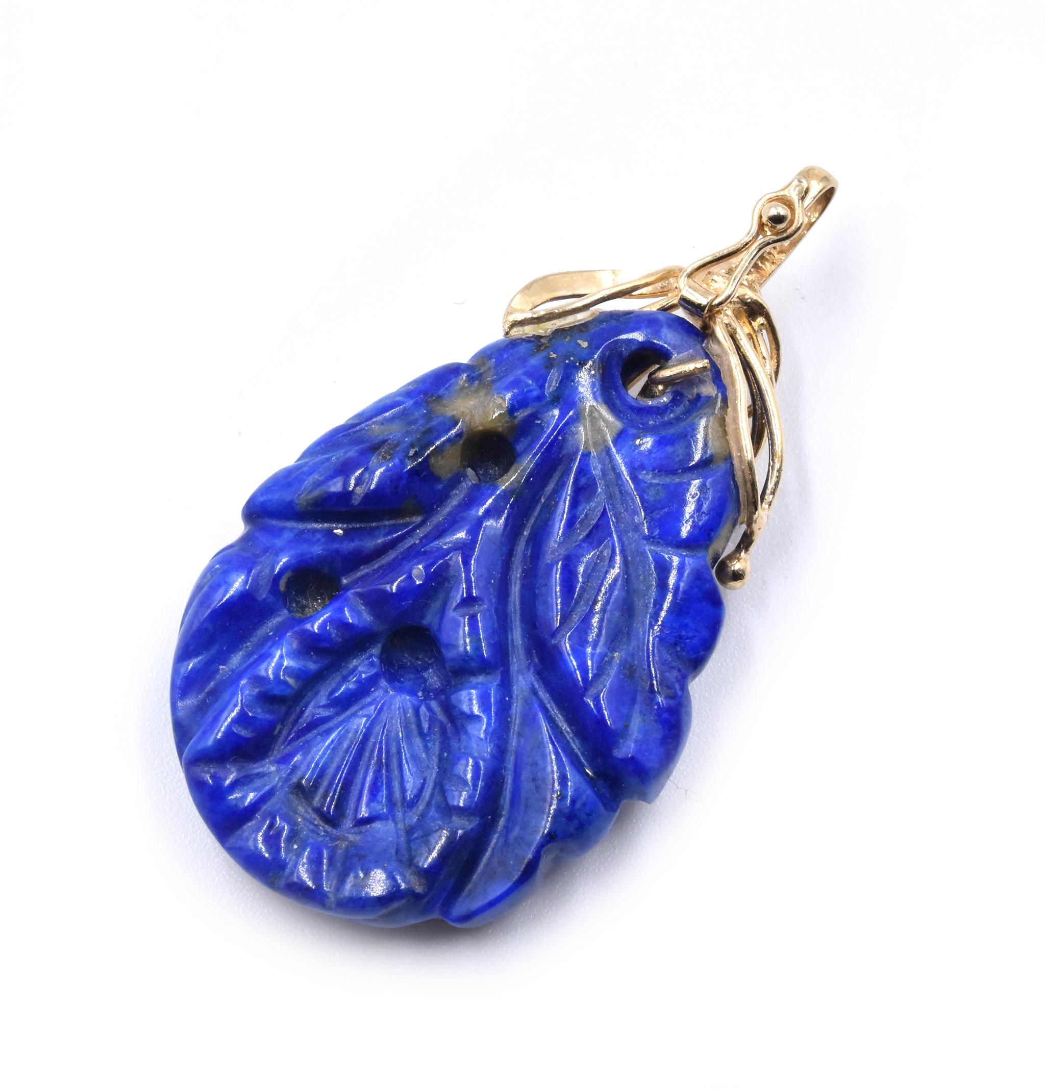 Mixed Cut 14 Karat Yellow Gold Carved Lapis Pendant For Sale