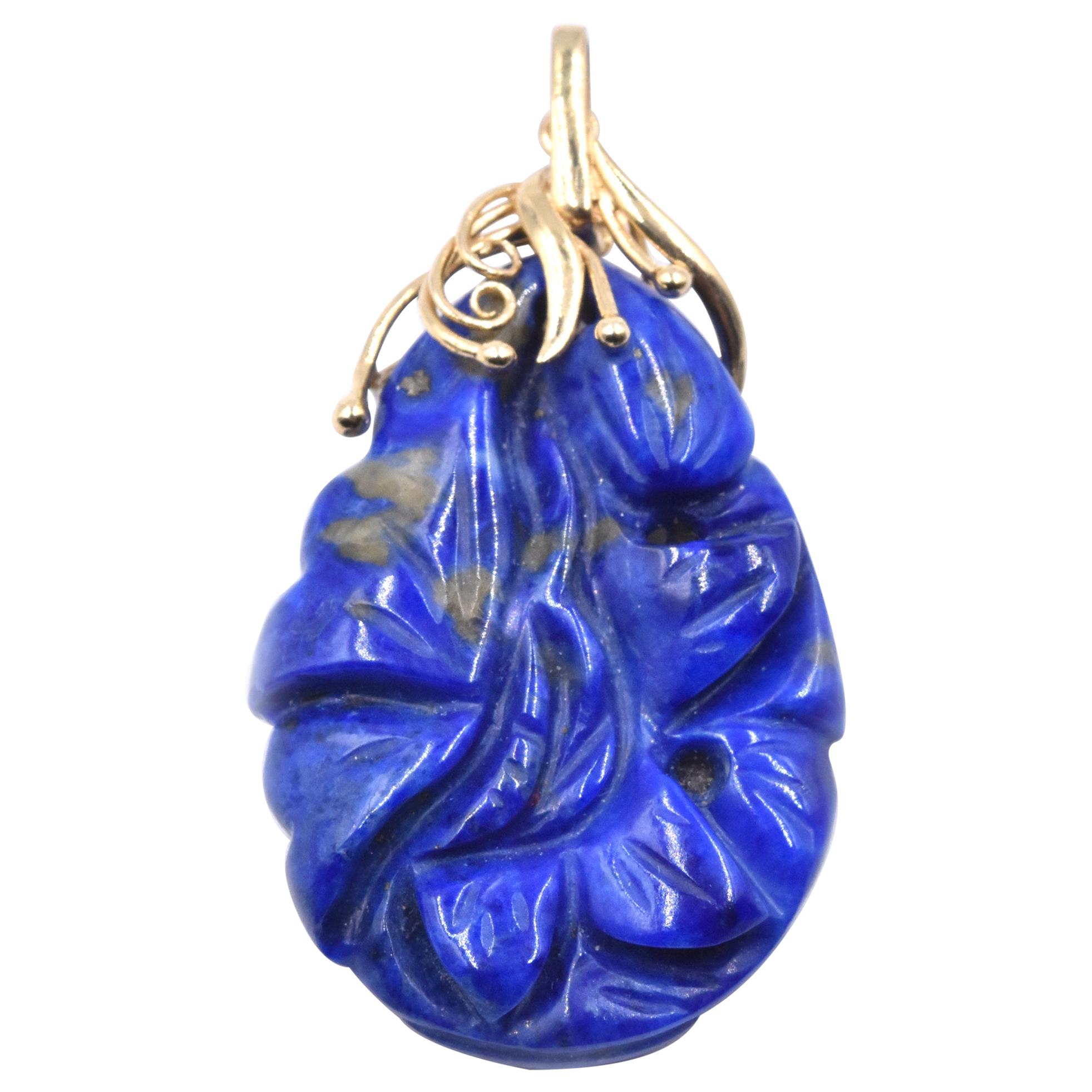 14 Karat Yellow Gold Carved Lapis Pendant For Sale