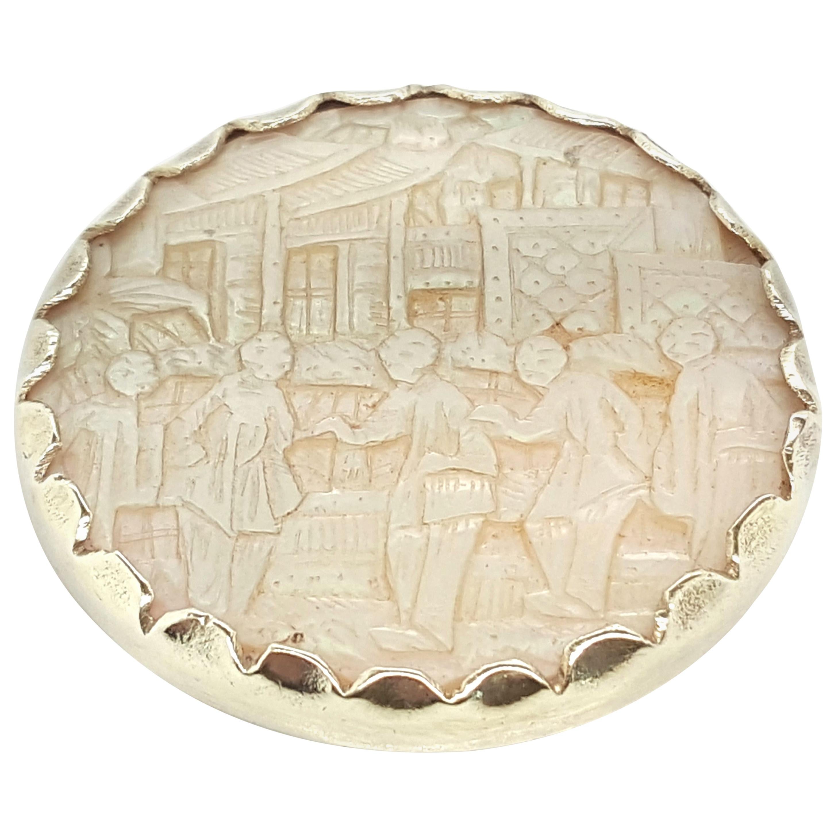 14 Karat Yellow Gold Carved Mother of Pearl Brooch For Sale