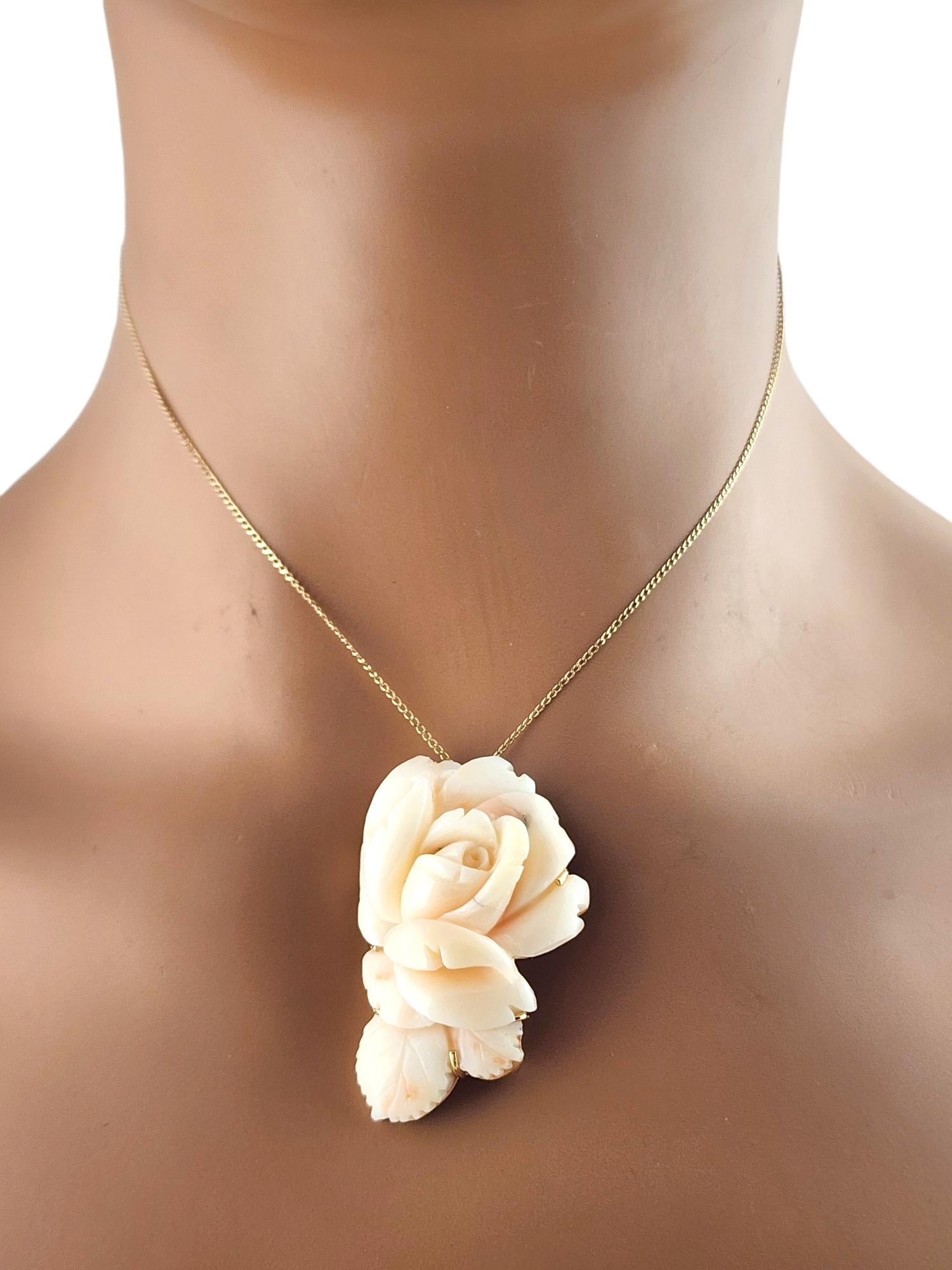 14 Karat Yellow Gold Carved Pink Coral Rose Brooch Pendant #19040 For Sale 4