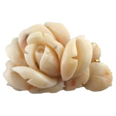14 Karat Yellow Gold Carved Pink Coral Rose Brooch Pendant #19040