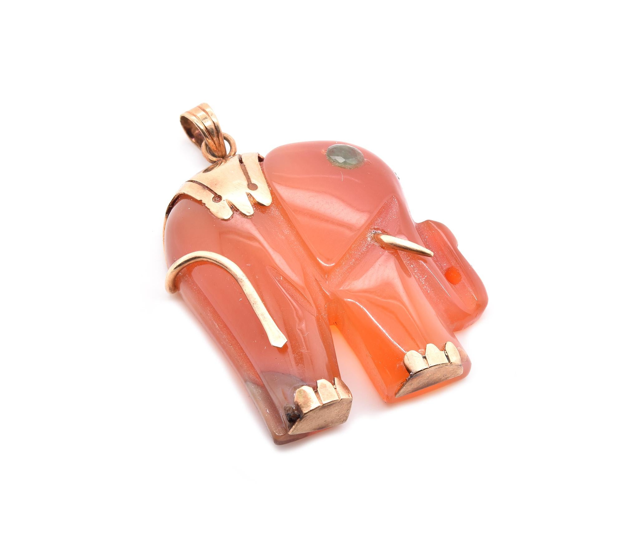 Mixed Cut 14 Karat Yellow Gold Carved Red Jade Elephant Pendant