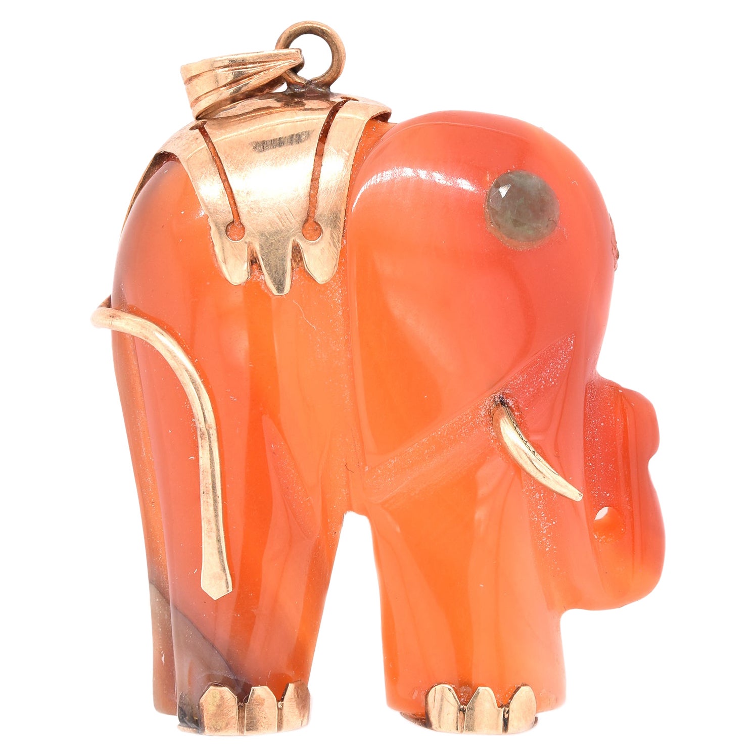 14 Karat Yellow Gold Carved Red Jade Elephant Pendant