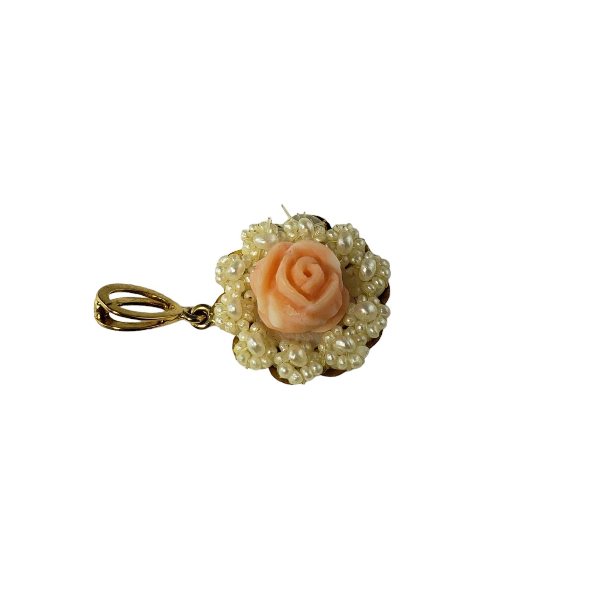 Women's 14 Karat Yellow Gold Carved Rose and Seed Pearl Pendant For Sale