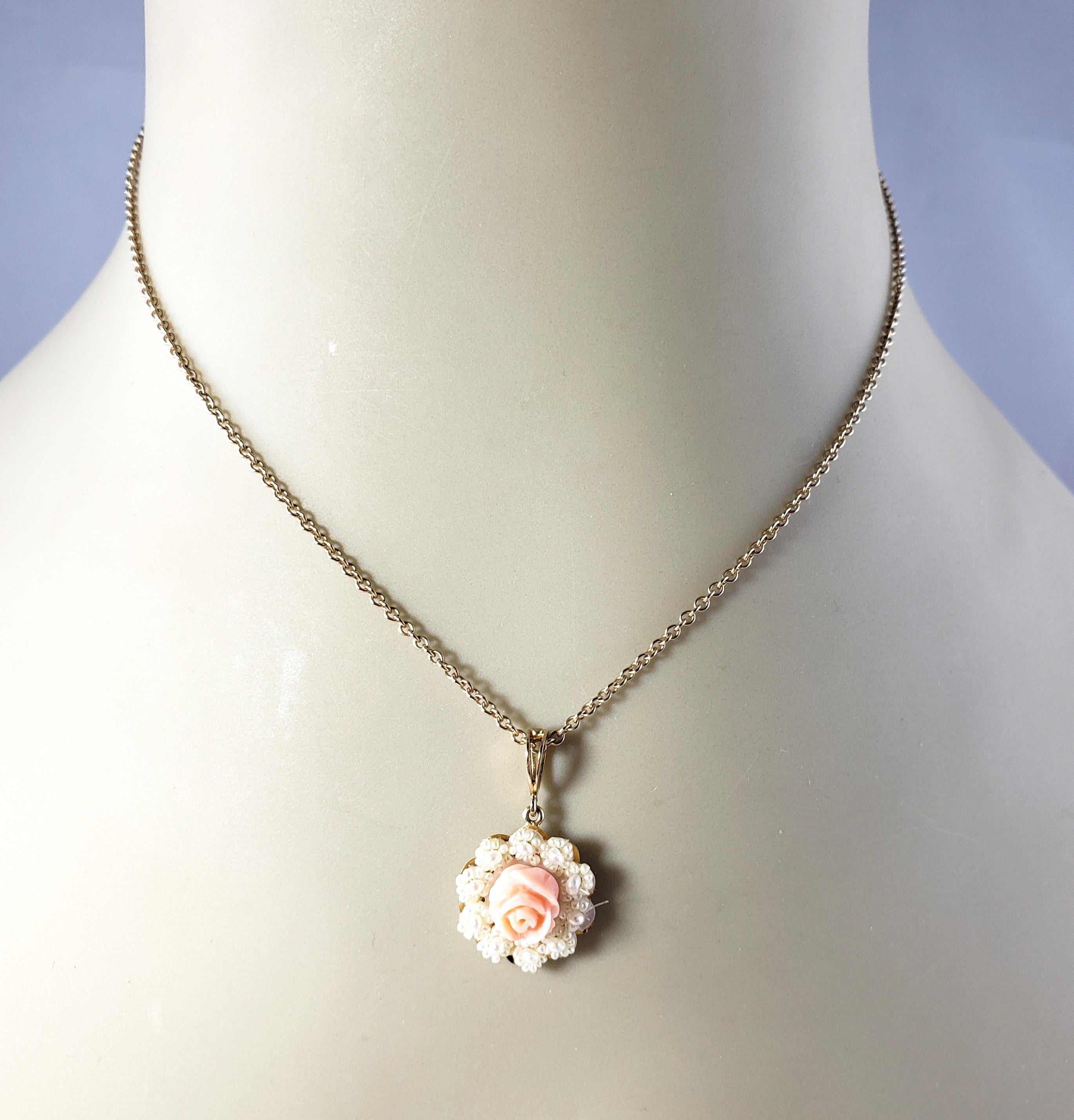 14 Karat Yellow Gold Carved Rose and Seed Pearl Pendant For Sale 2